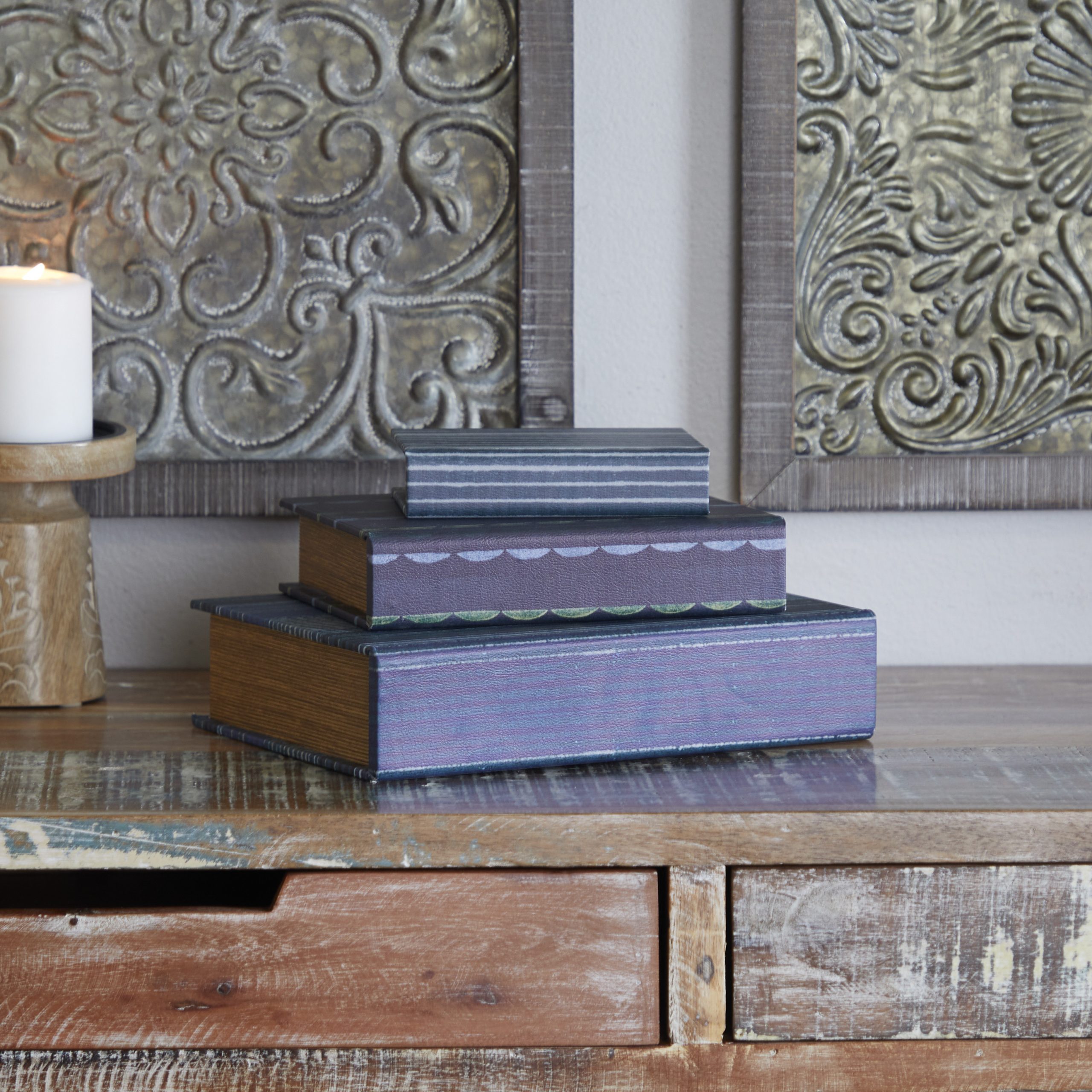 Blue Faux Leather Wooden Nested Book Box (Set of 3), 12″, 9″, 6″