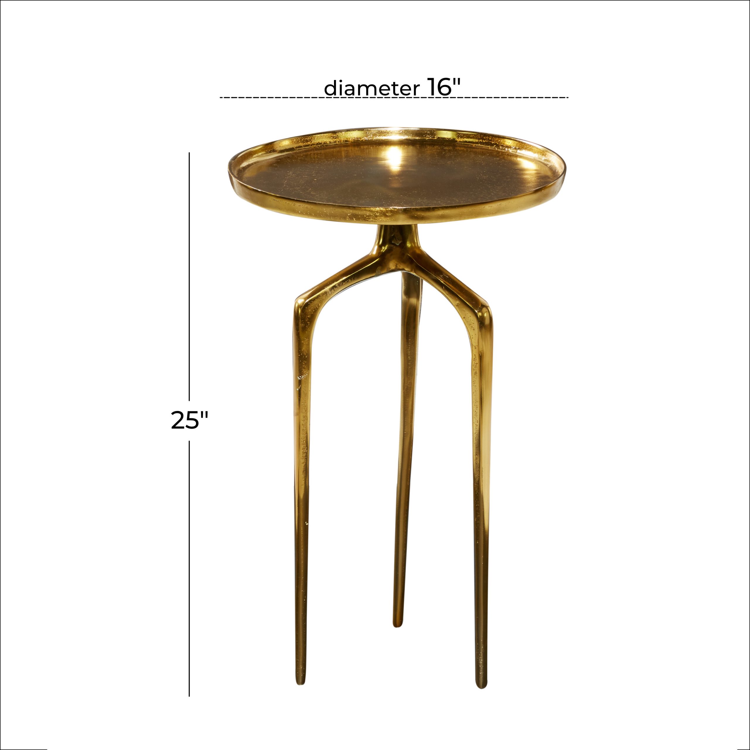 Gold Aluminum Tray Inspired Top Accent Table with 3 Tripod Legs, 16″ x 16″ x 25″