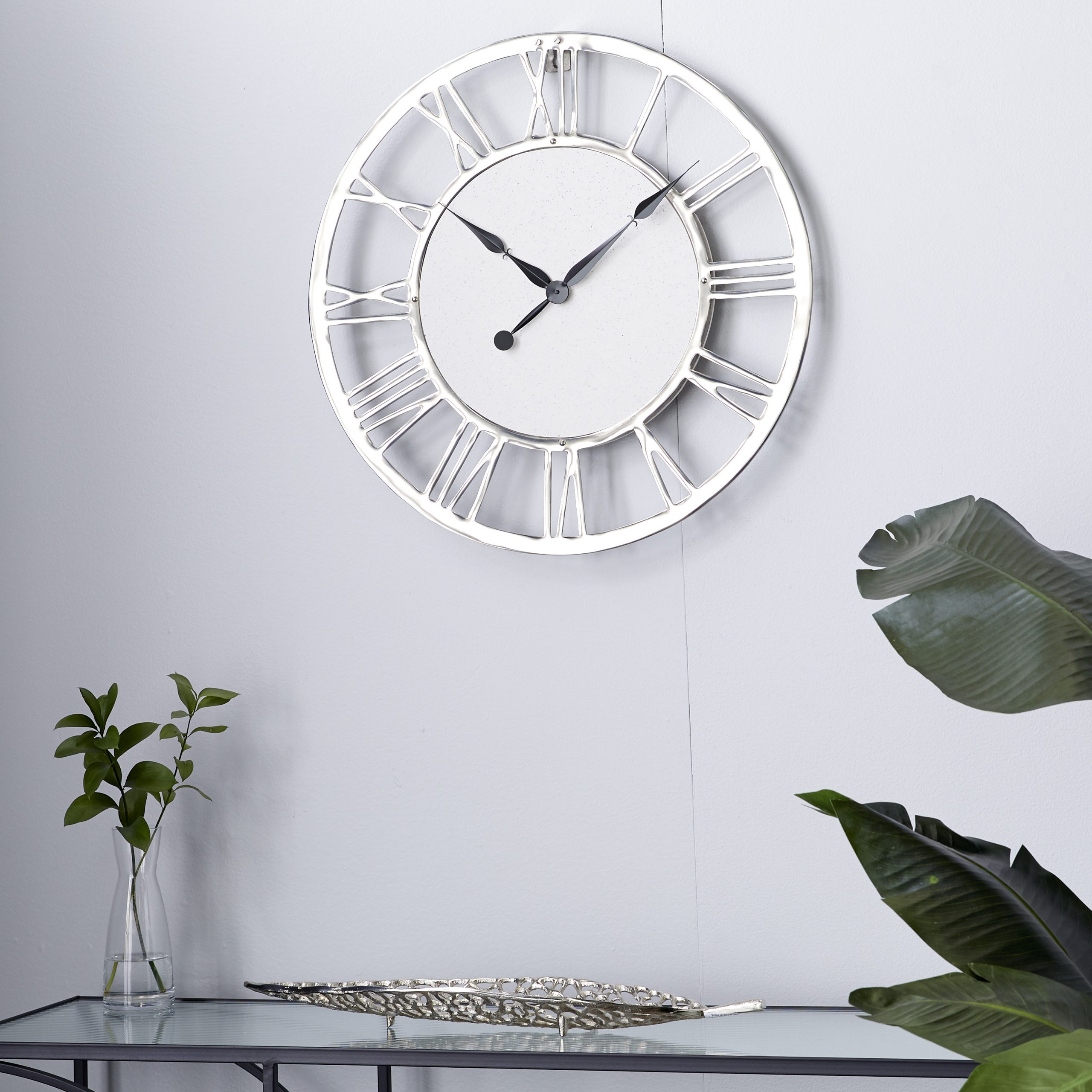 Silver Aluminum Wall Clock with Roman Numbers, 24″D