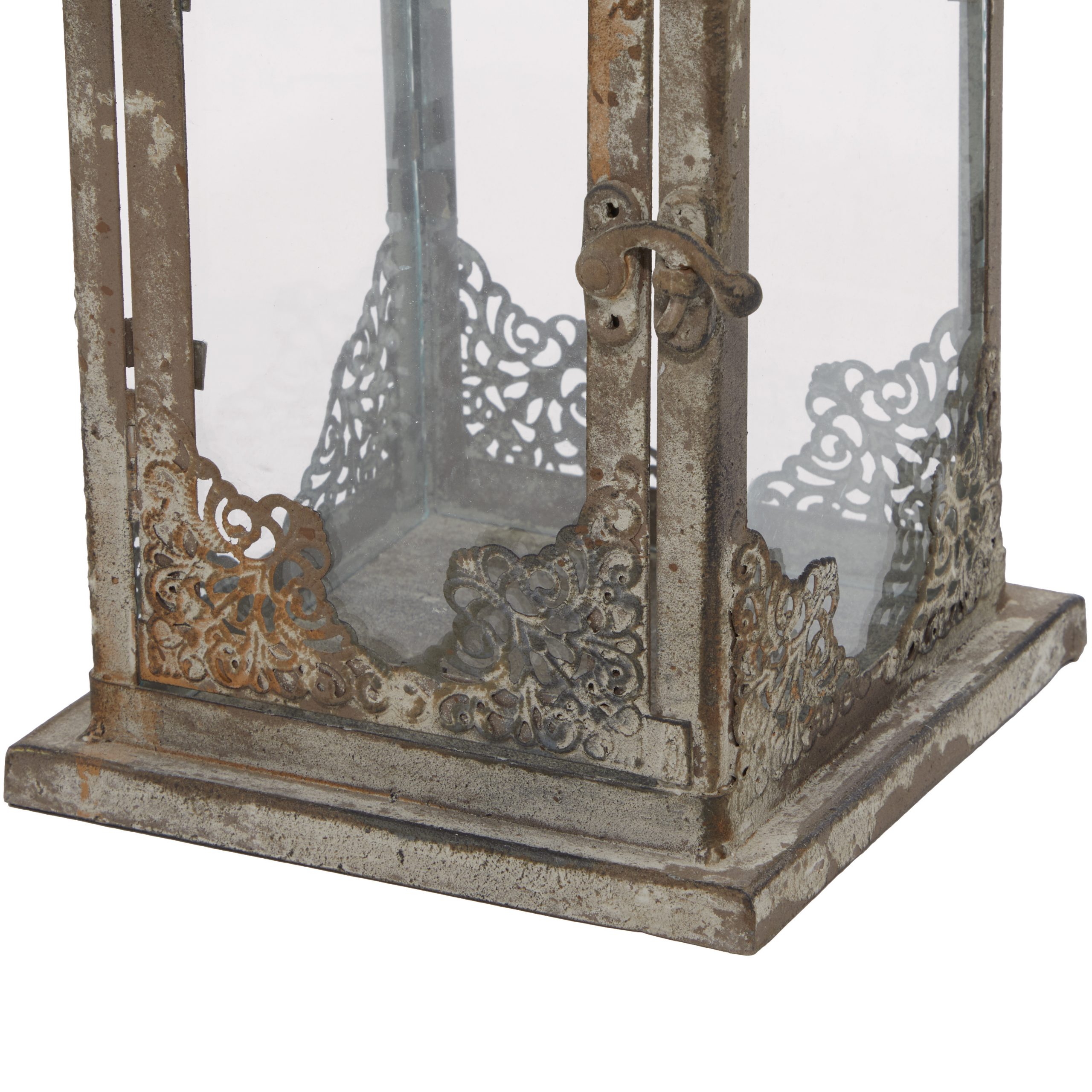 Gray, White And Brown Metal Glass Lantern, 6″ X 13″