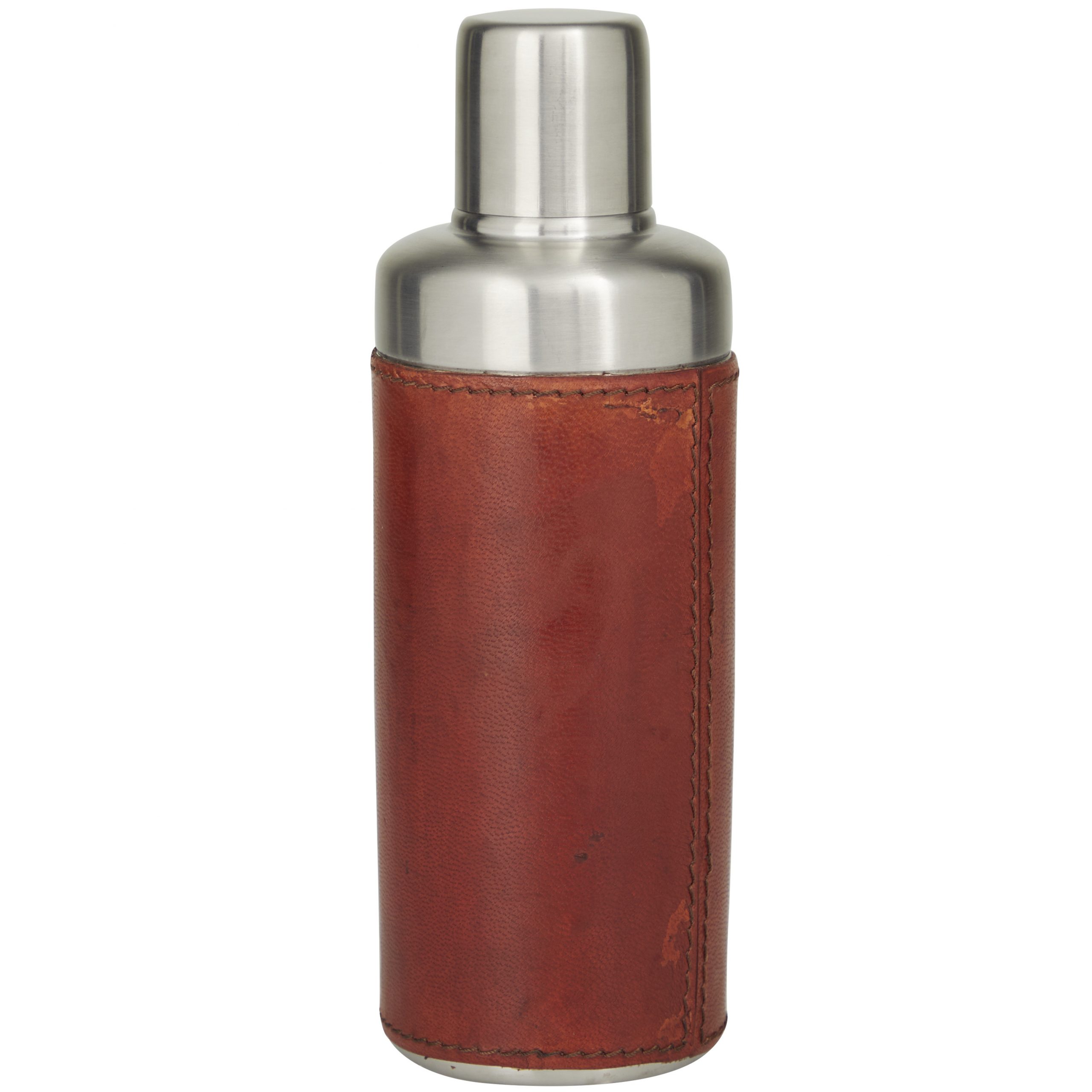 Silver & Brown Stainless Steel Leather Cocktail Shaker, 3″W x 9″H