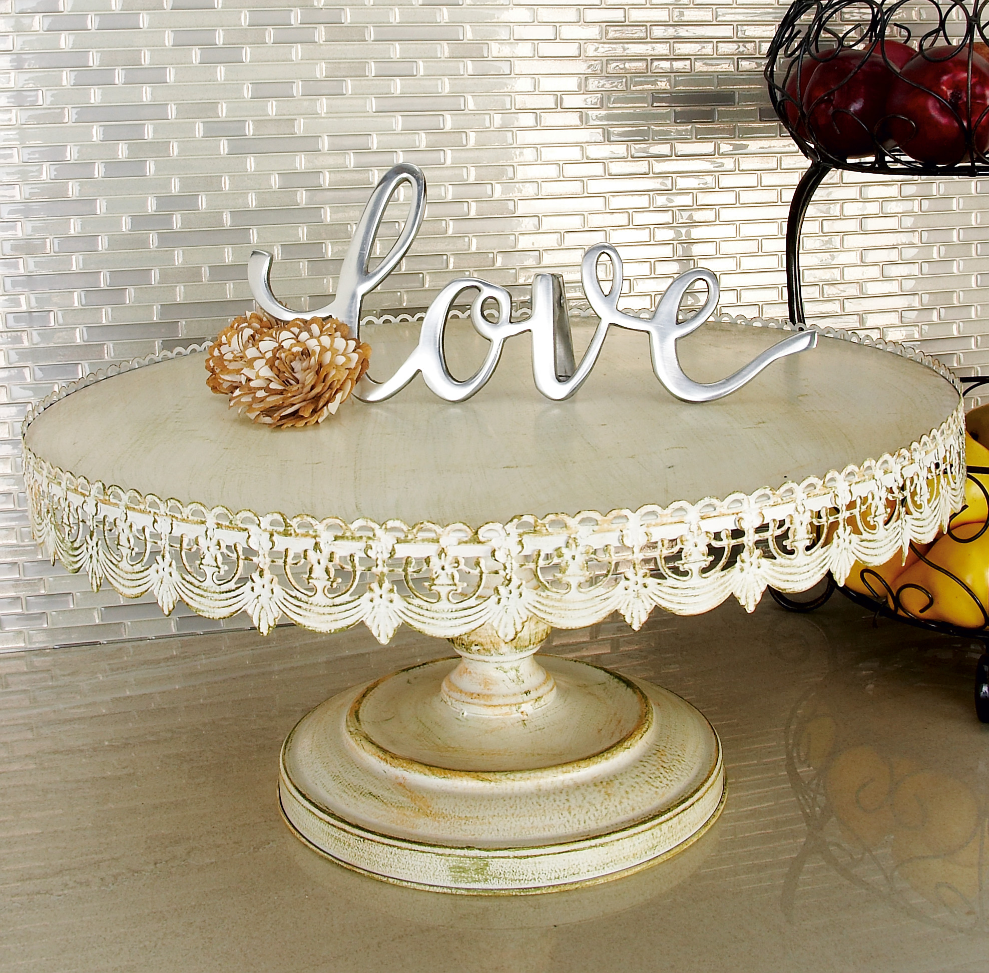 Round White Metal Cake Stand on Pedestal, 22"L x 22"W x 10"H