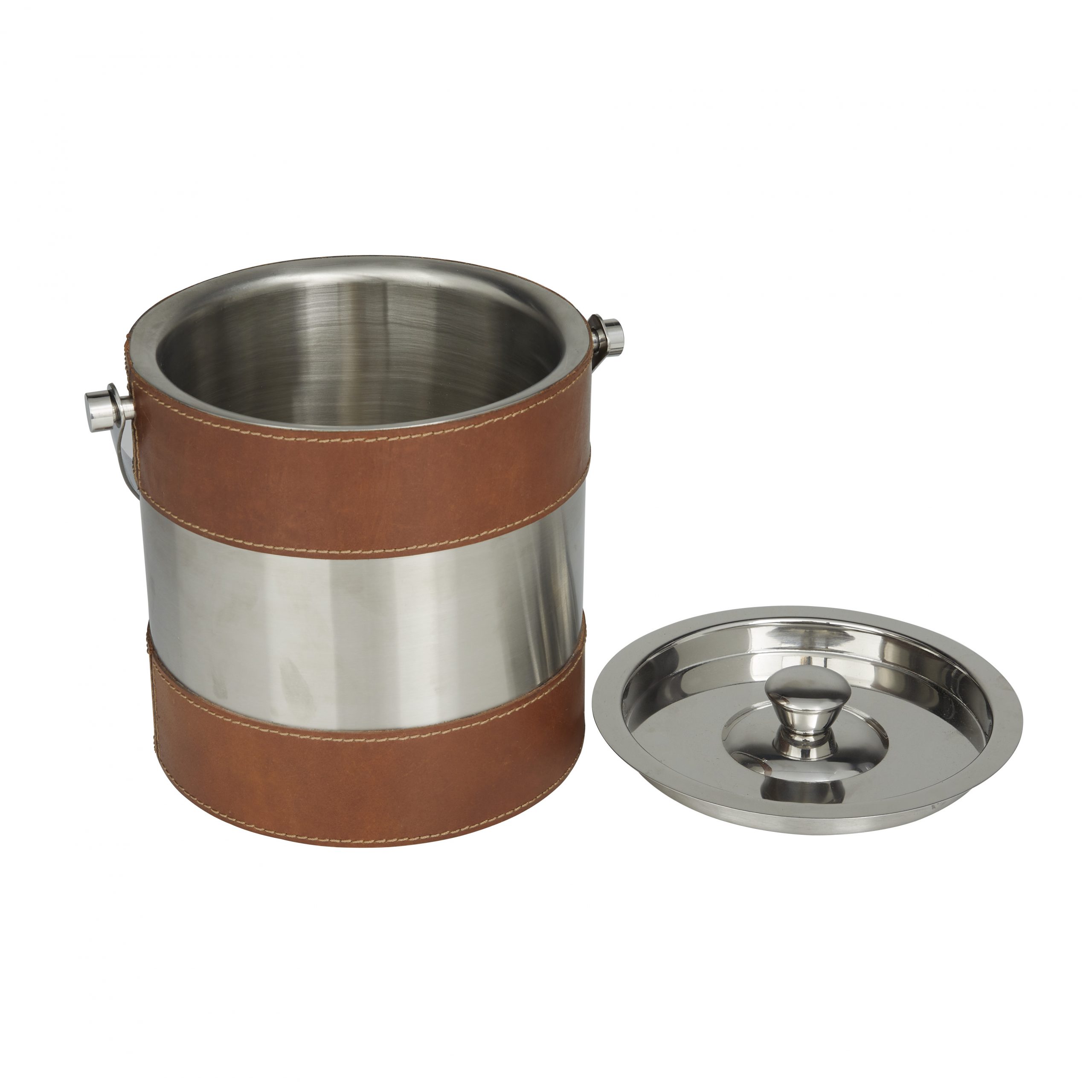 Silver Ice Bucket with Lid and Leather Design, 8″W x 12″H
