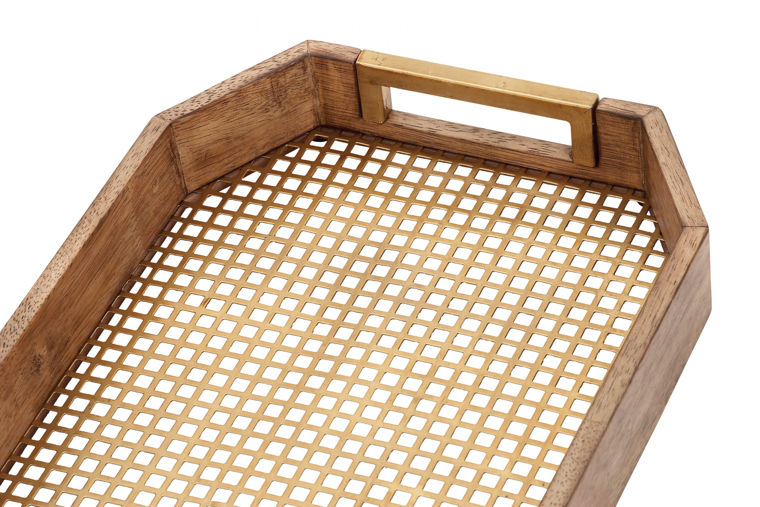 Light Brown Wood Metal Tray Mesh Design(Set of 2), 18″, 16″W