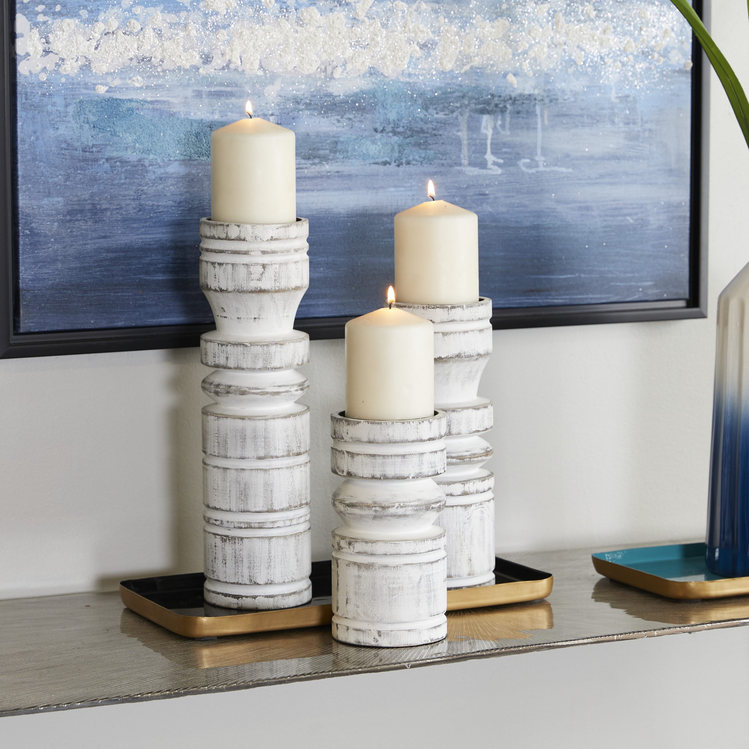 White Wooden Pillar Candle Holder (Set of 3), 14″, 11″, 8″
