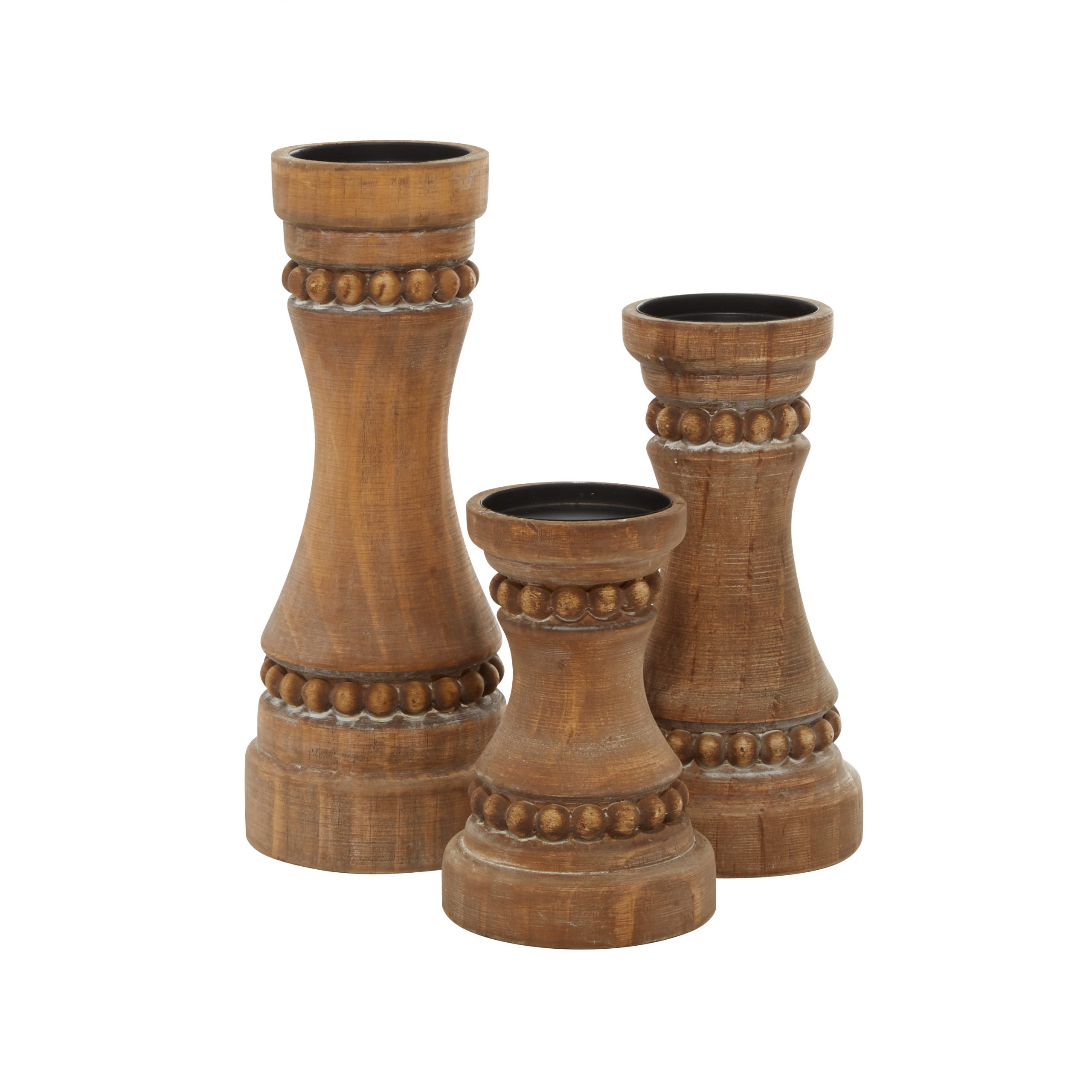 Brown Wood Beaded Pillar Candle Holder (Set of 3), 12", 9", 7″