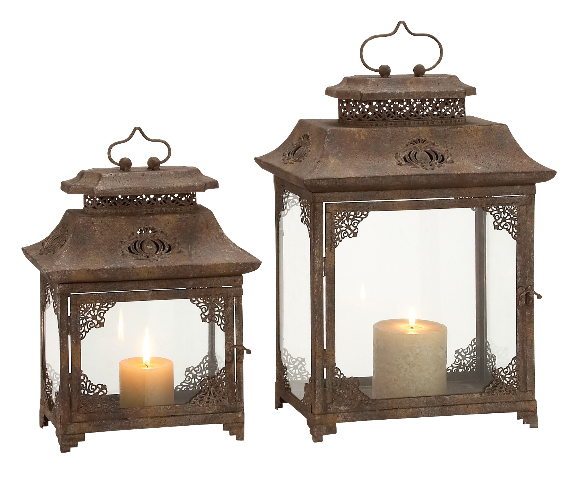Brown Metal Glass Lantern (Set of 2), 18″, 14″
