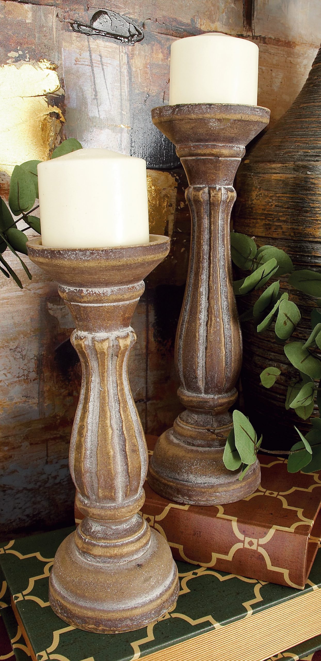 Brown Wood Pillar Candle Holder (Set of 3), 15″, 13″, 11″