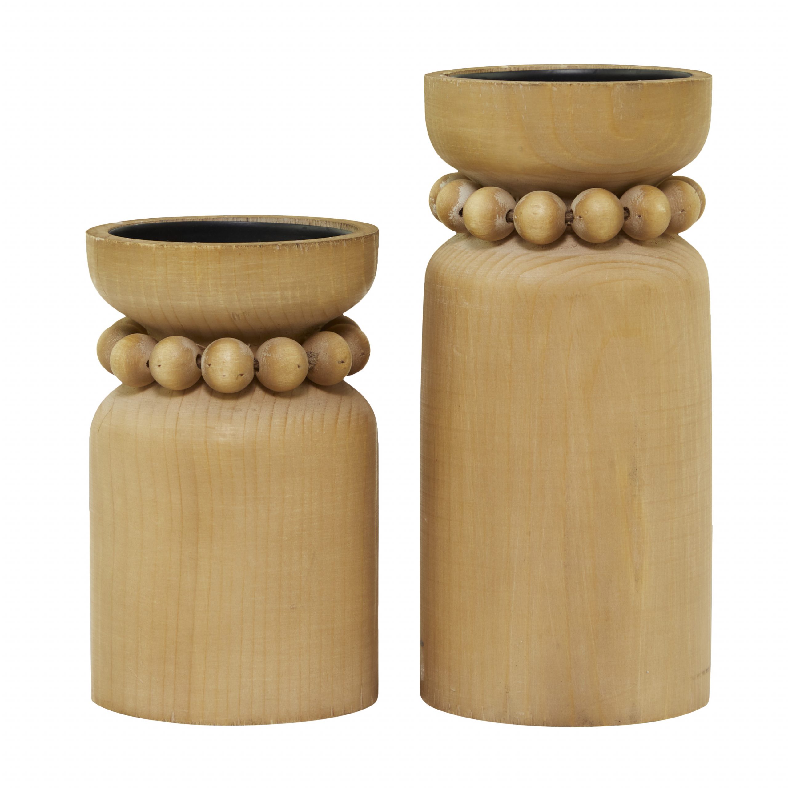 Natural Brown Wood Beaded Candle Holder (Set of 2), 8″, 6″