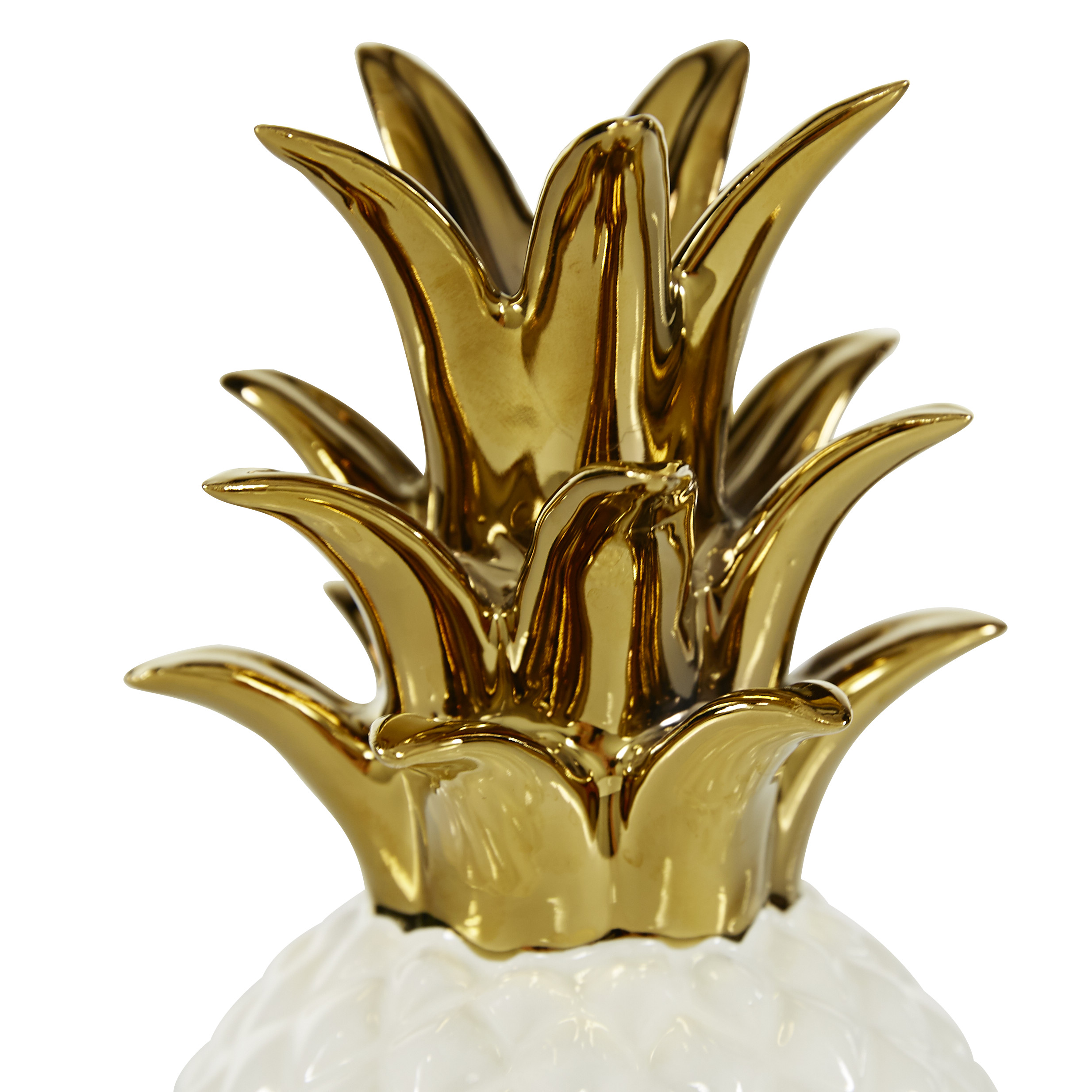 White And Gold Ceramic Pineapple Sculpture with Leaves, 4″W x 10″H