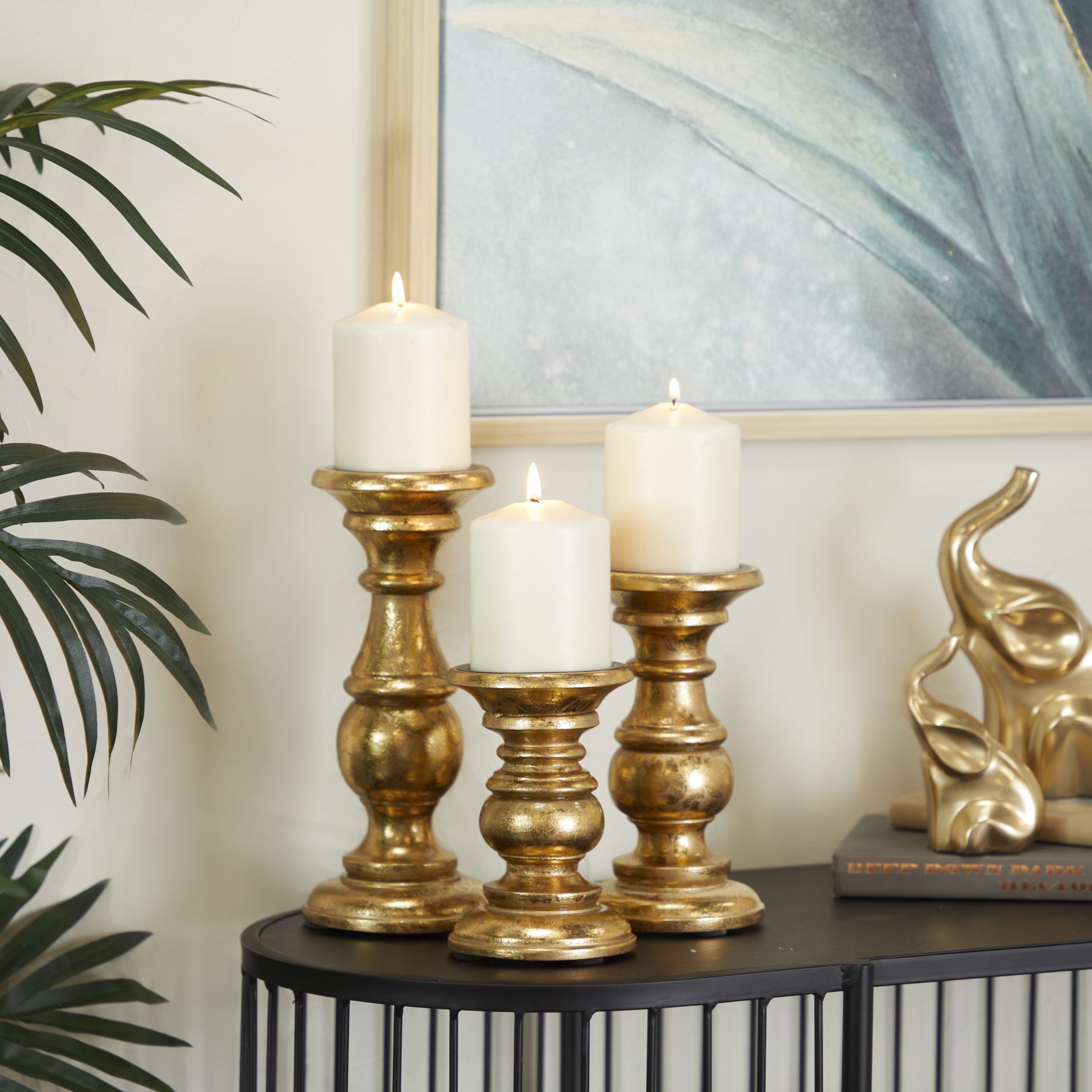 Metallic Gold Wooden Pillar Candle Holder (Set of 3), 10″, 8″, 6″ H