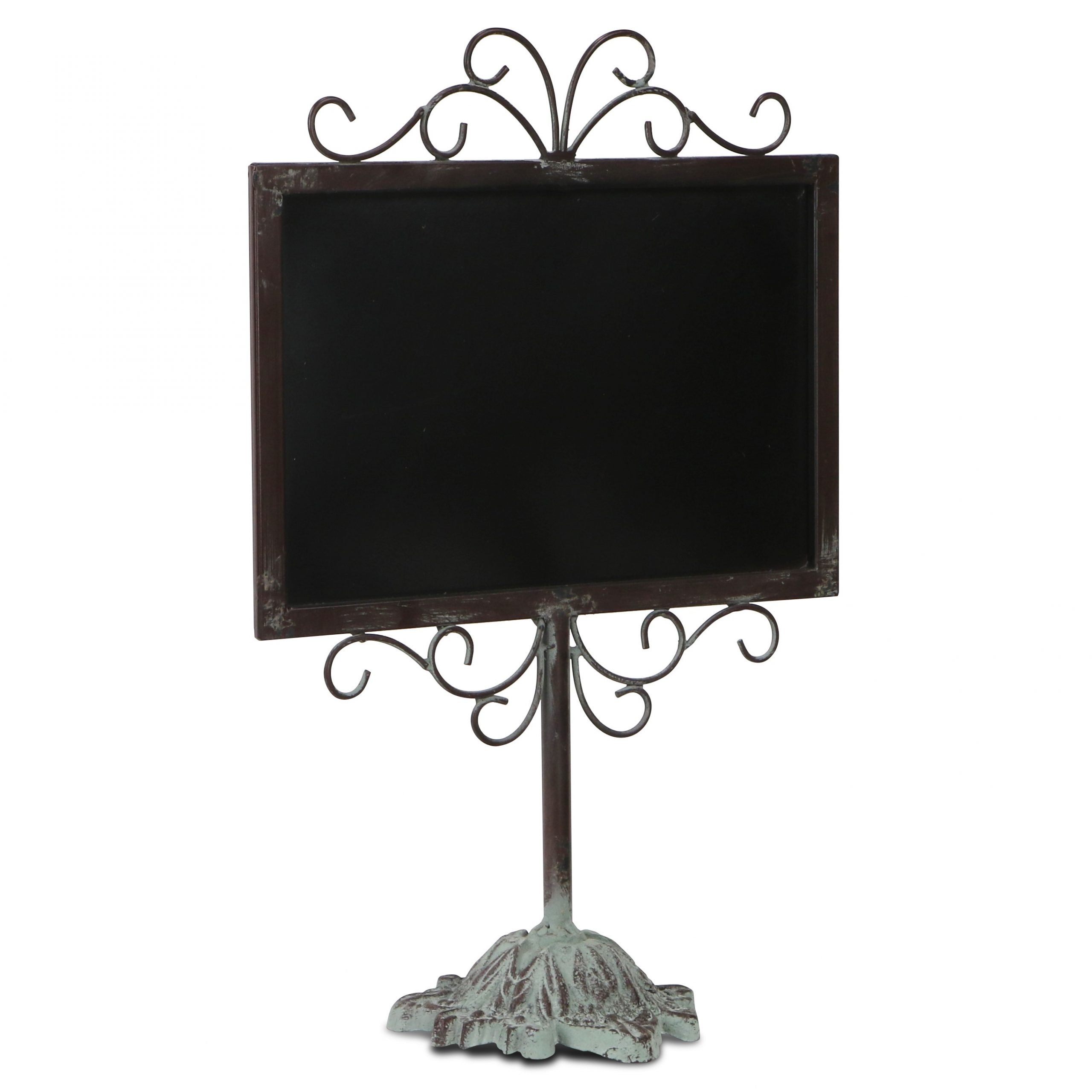 Black Metal Stand Chalkboard on Pedestal Scrolled Design, 18″H
