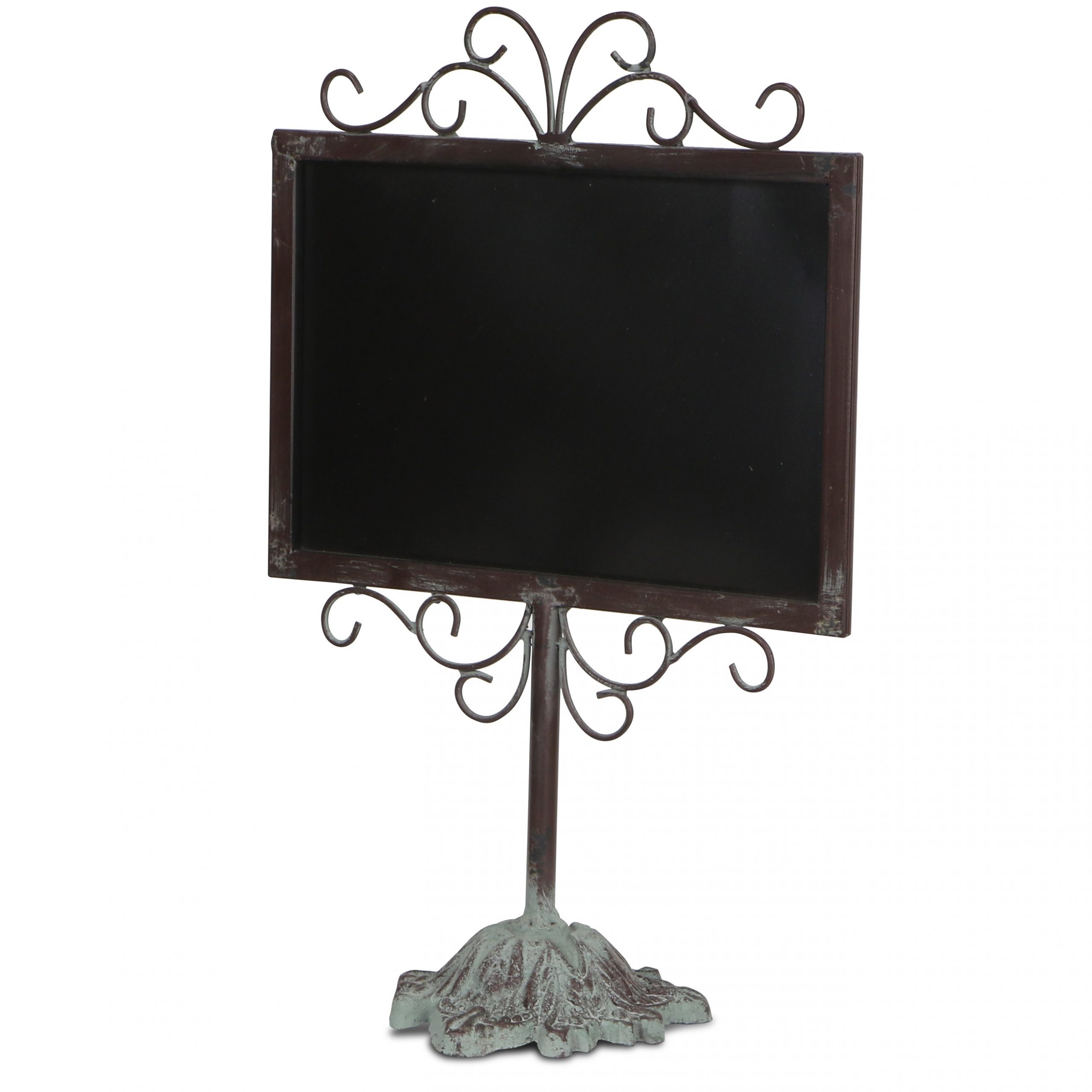 Black Metal Stand Chalkboard on Pedestal Scrolled Design, 18″H