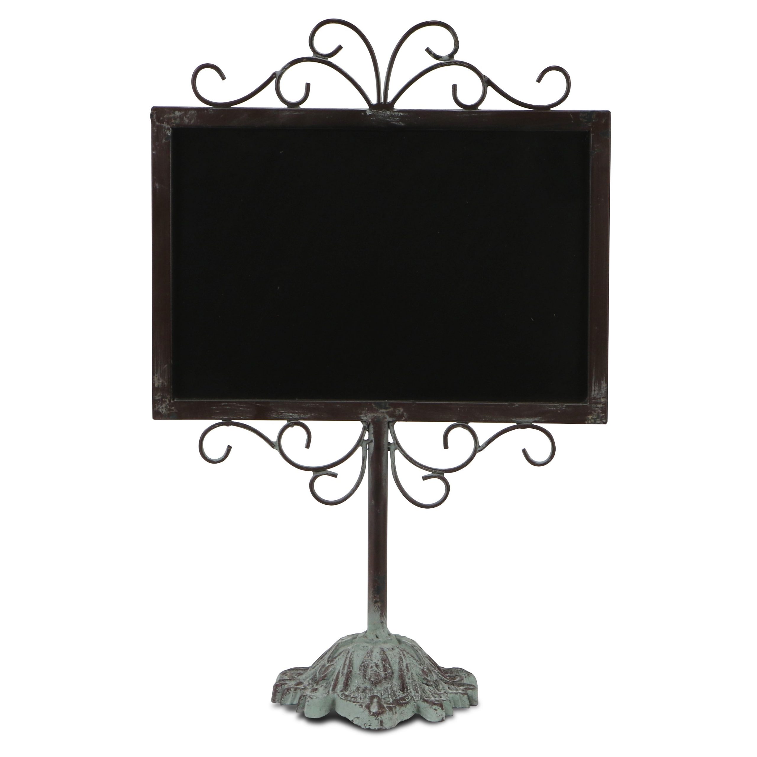 Black Metal Stand Chalkboard on Pedestal Scrolled Design, 18″H