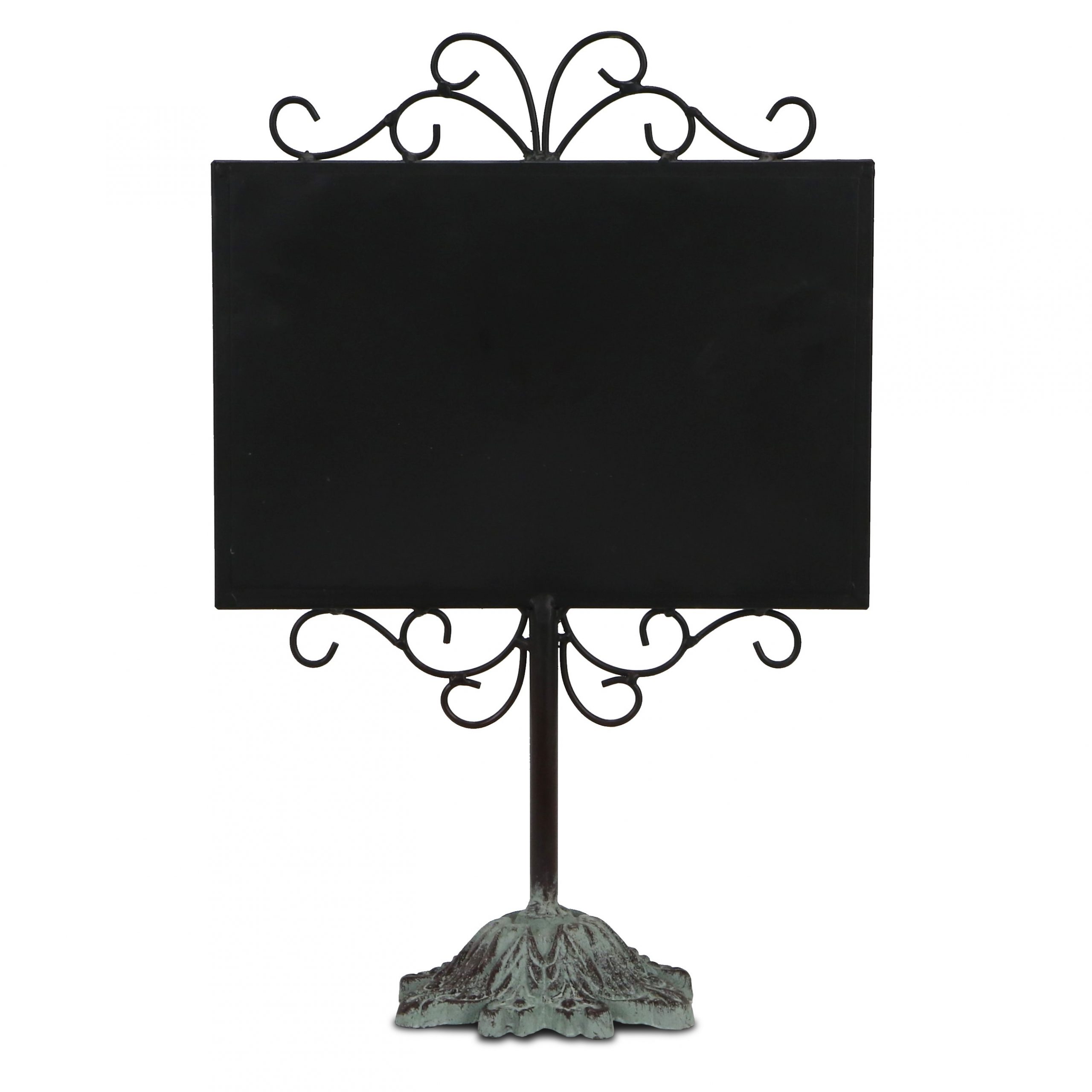 Black Metal Stand Chalkboard on Pedestal Scrolled Design, 18″H
