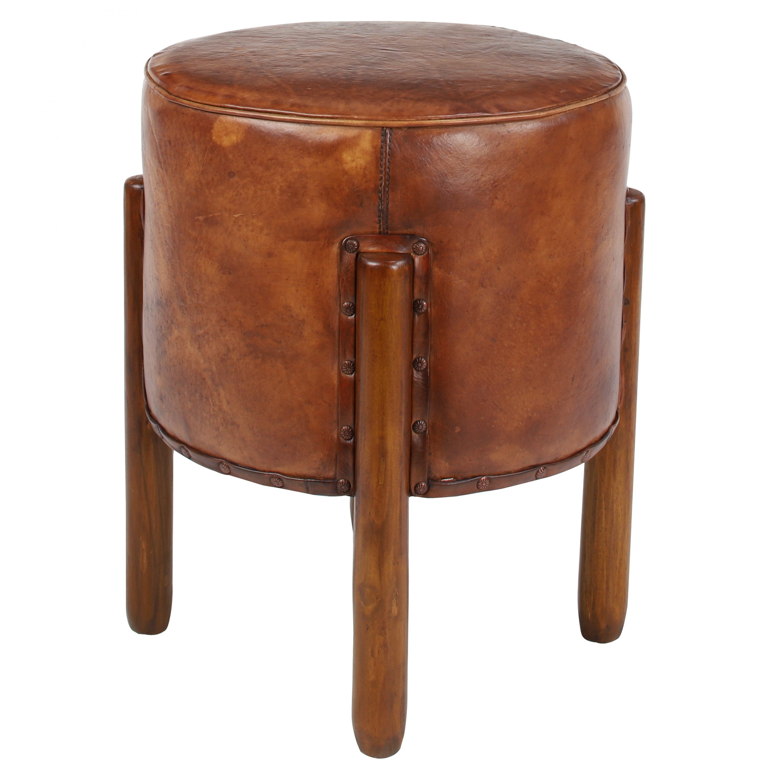 Brown Leather Upholstered Wooden Stool with 4 Wooden Legs, 17″ x 17″ x 20″
