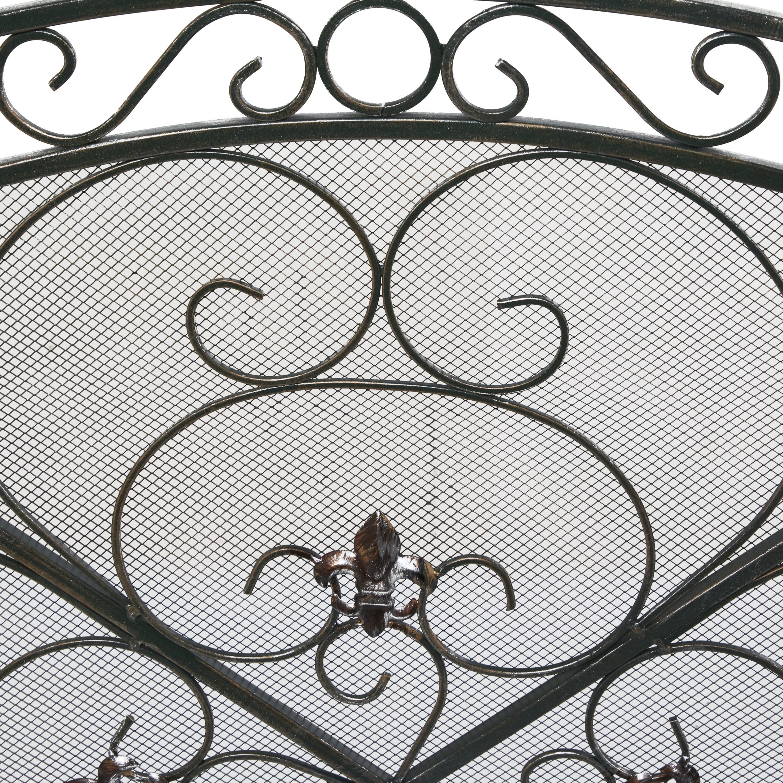 Black Metal Foldable Mesh 3 Panel Fireplace Screen with Fleur De Lis, 52″ x 1″ x 31″