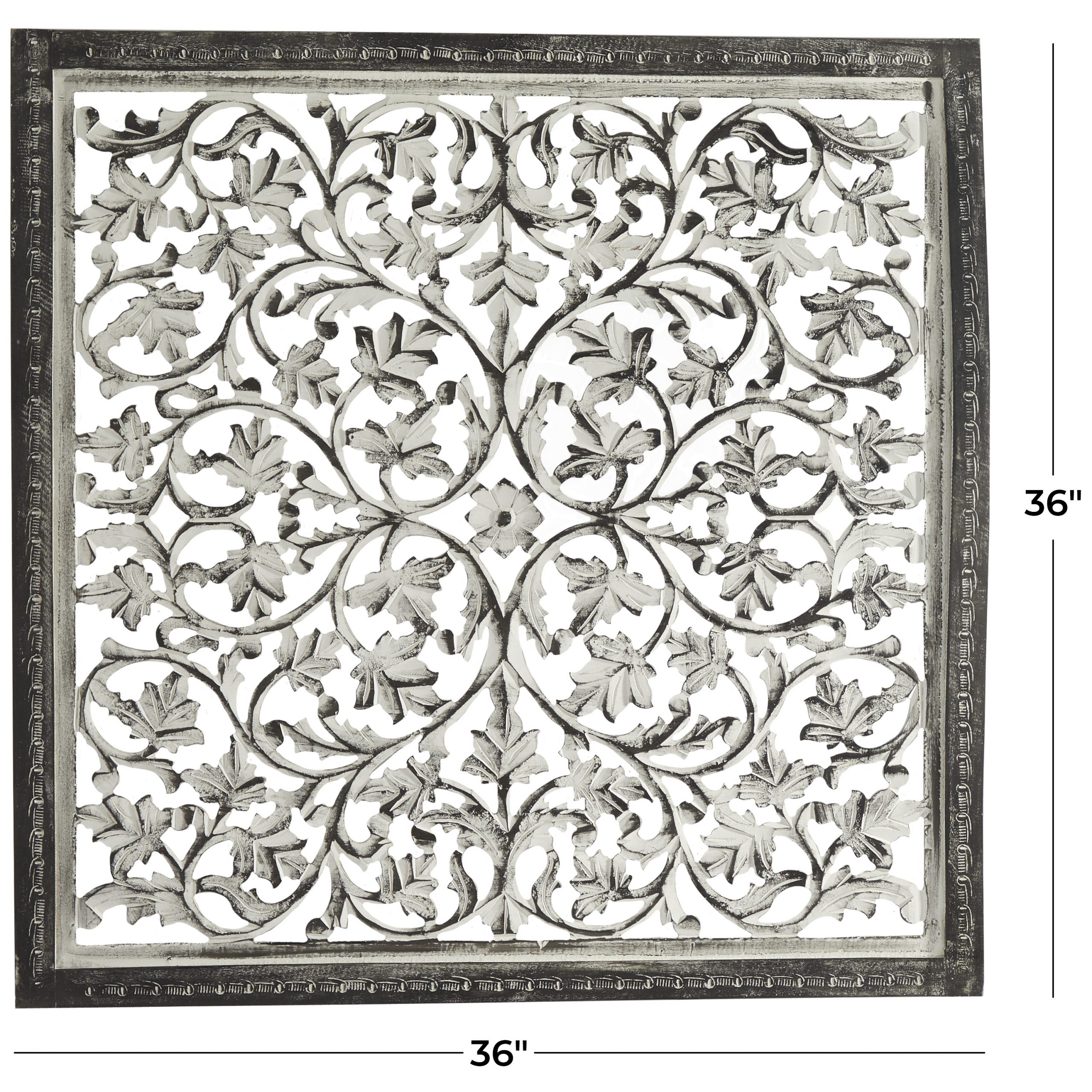 Black & White Wood Hand Carved Arabesque Floral Wall Decor, 36″ x 1″ x 36″