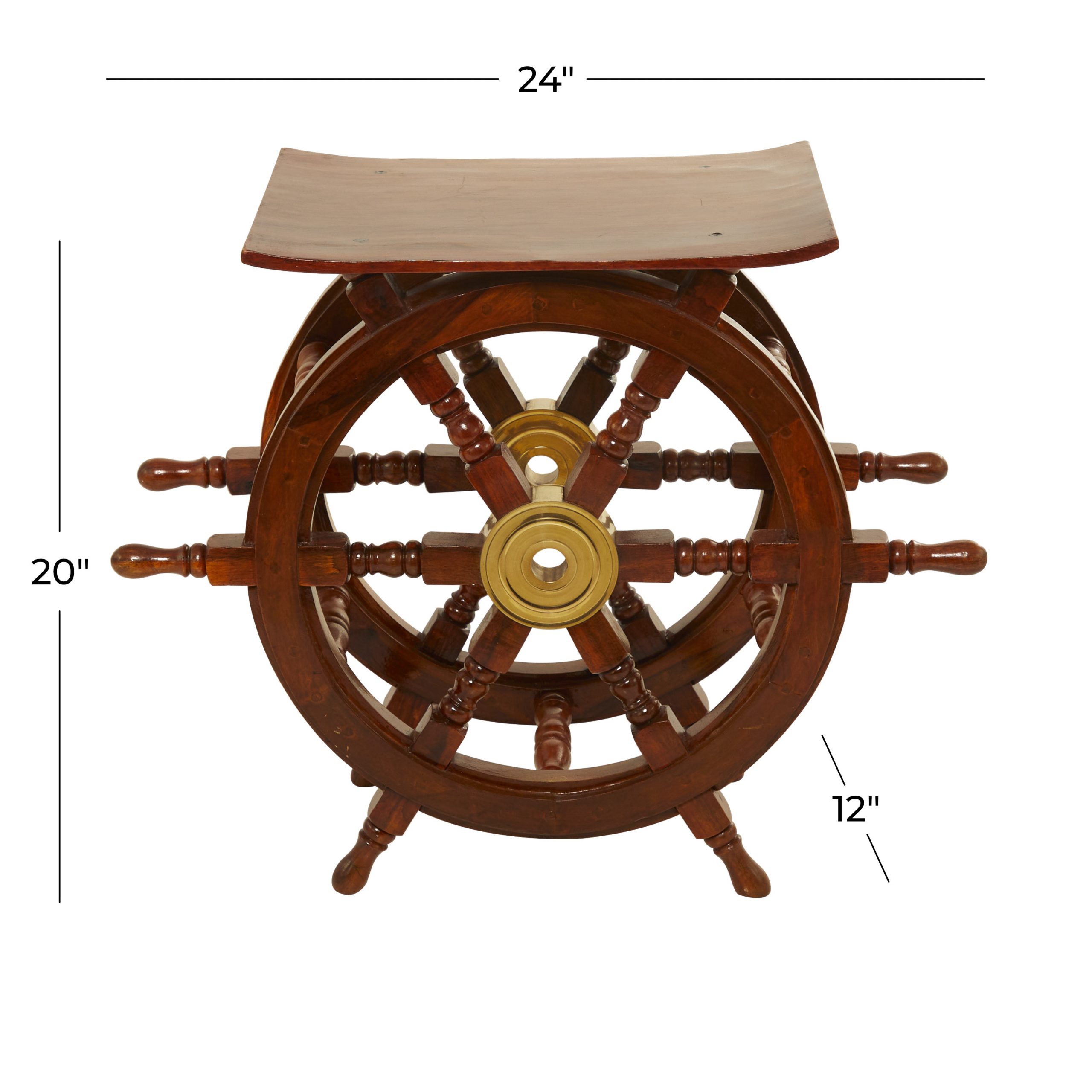 Brown Wooden Ship Wheel Nautical Accent Table, 24″ x 12″ x 20″