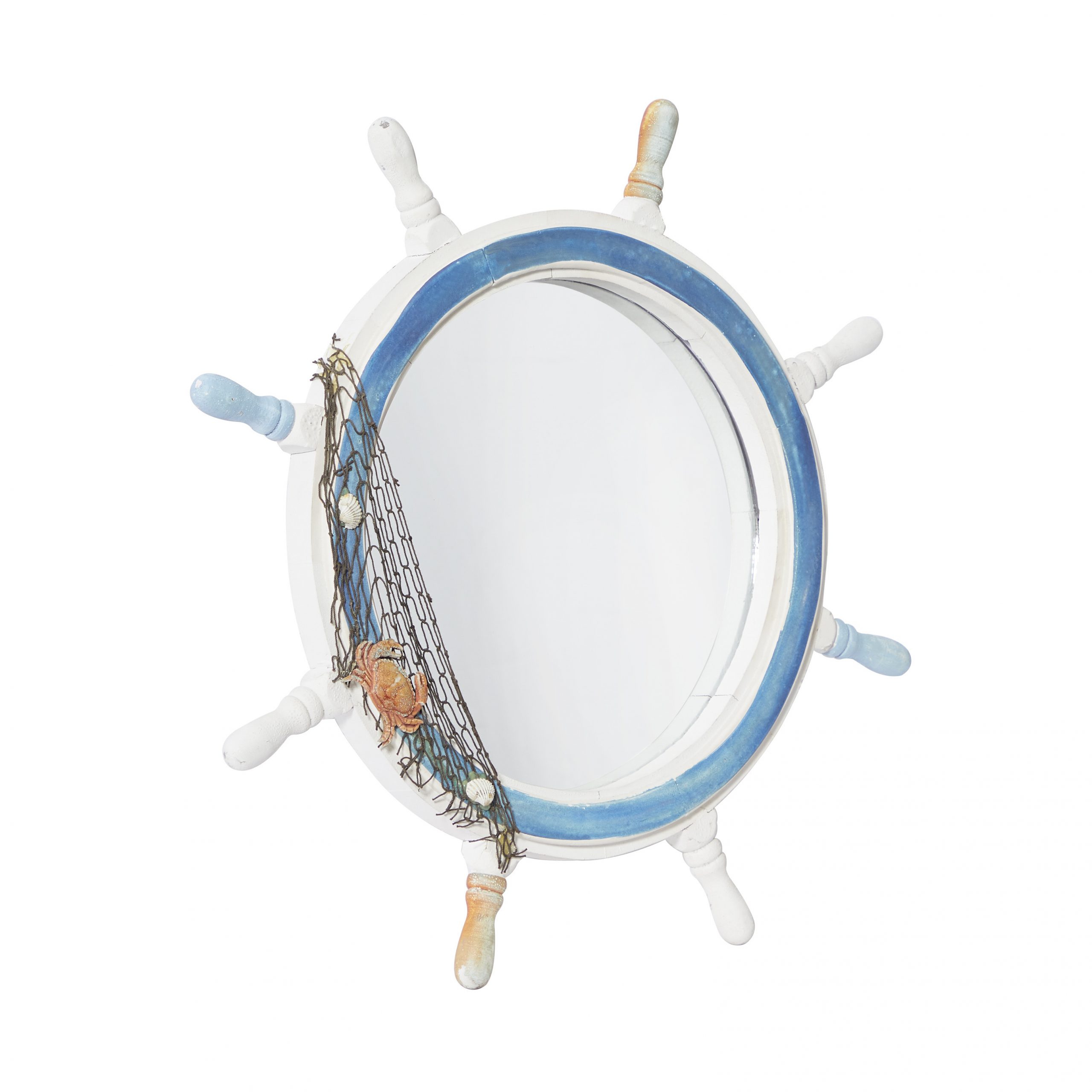 White And Blue Wooden Ship Wheel Mirror With Netting, 25″ x 2″ x 25″