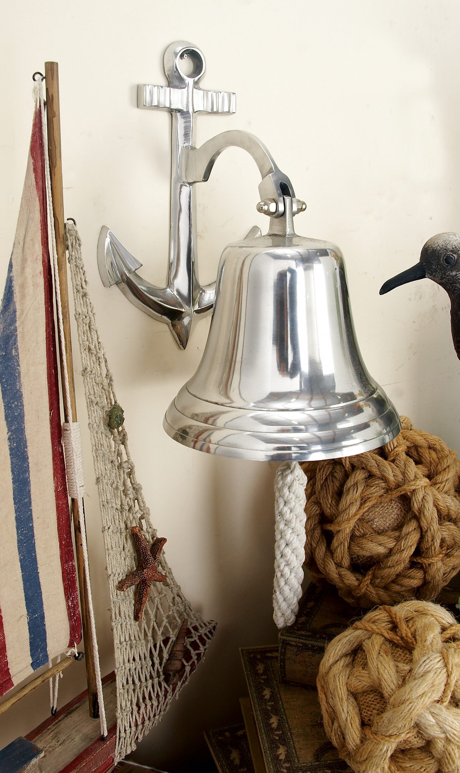 Silver Aluminum Anchor Bell Nautical Wall Decor 7"W, 10"H