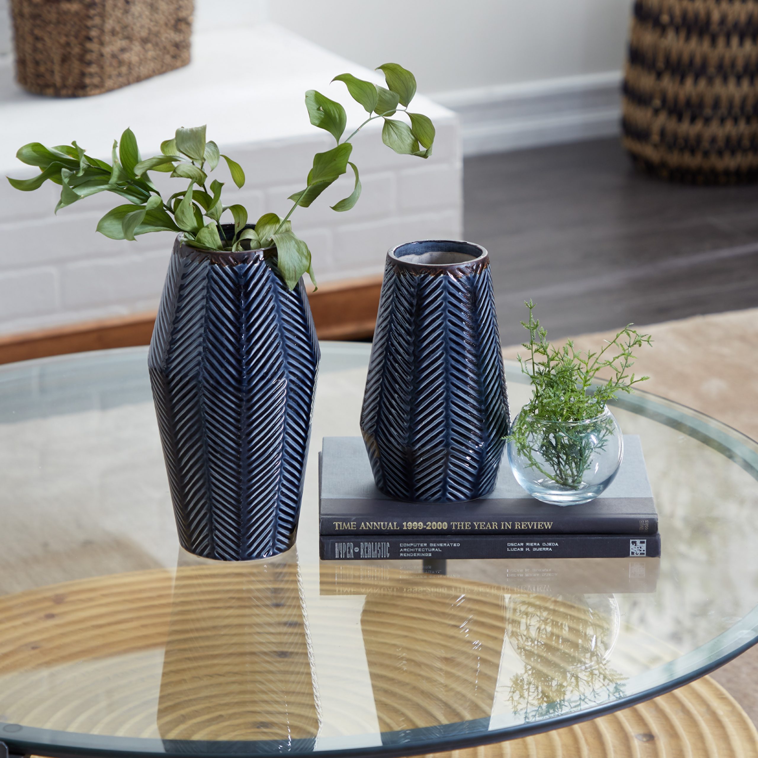 Dark Blue Ceramic Handmade Chevron Vase (Set of 2), 11″, 8″H