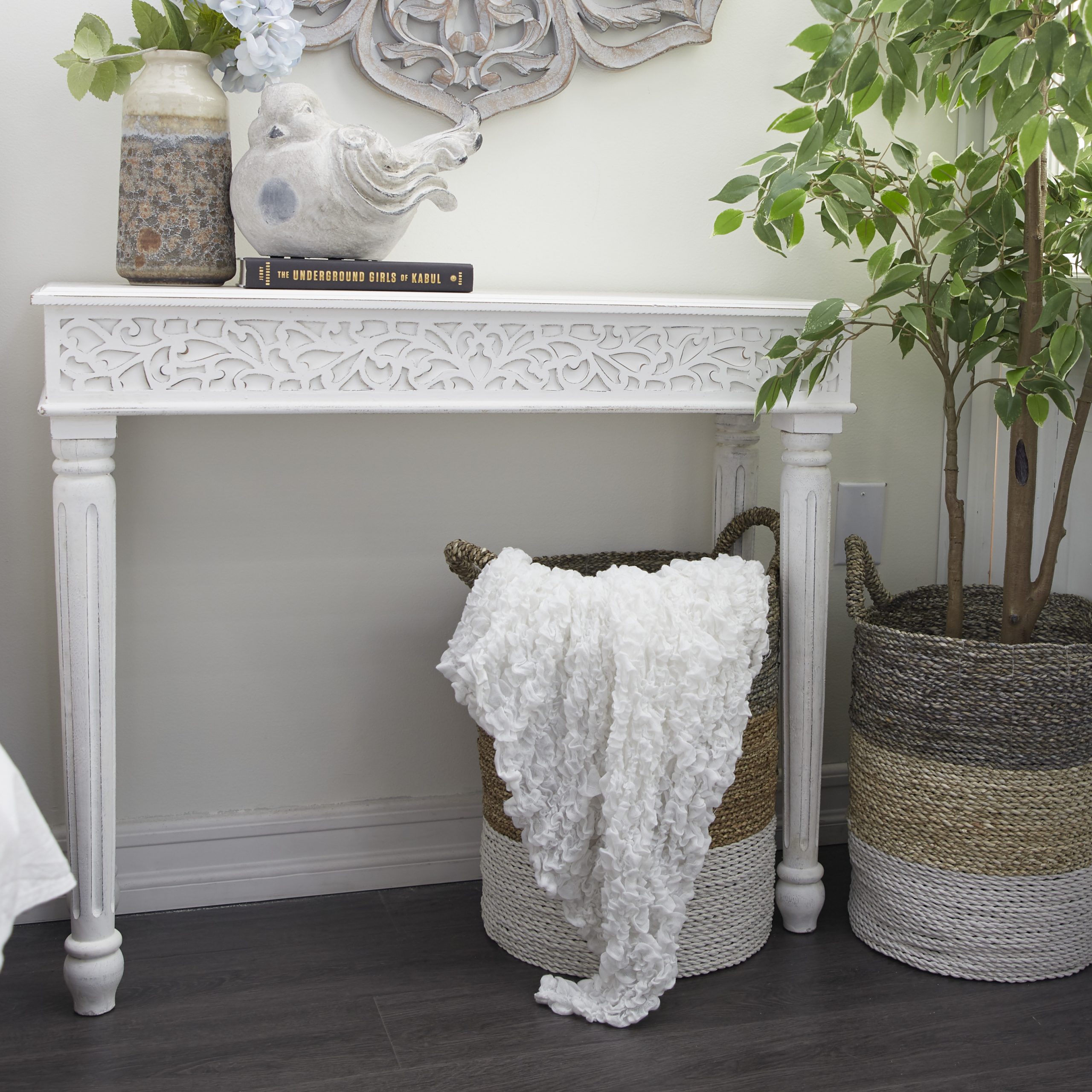 White Wood Dark Gray Carved Scroll Console Table, 36"L x 12"W x 30"H