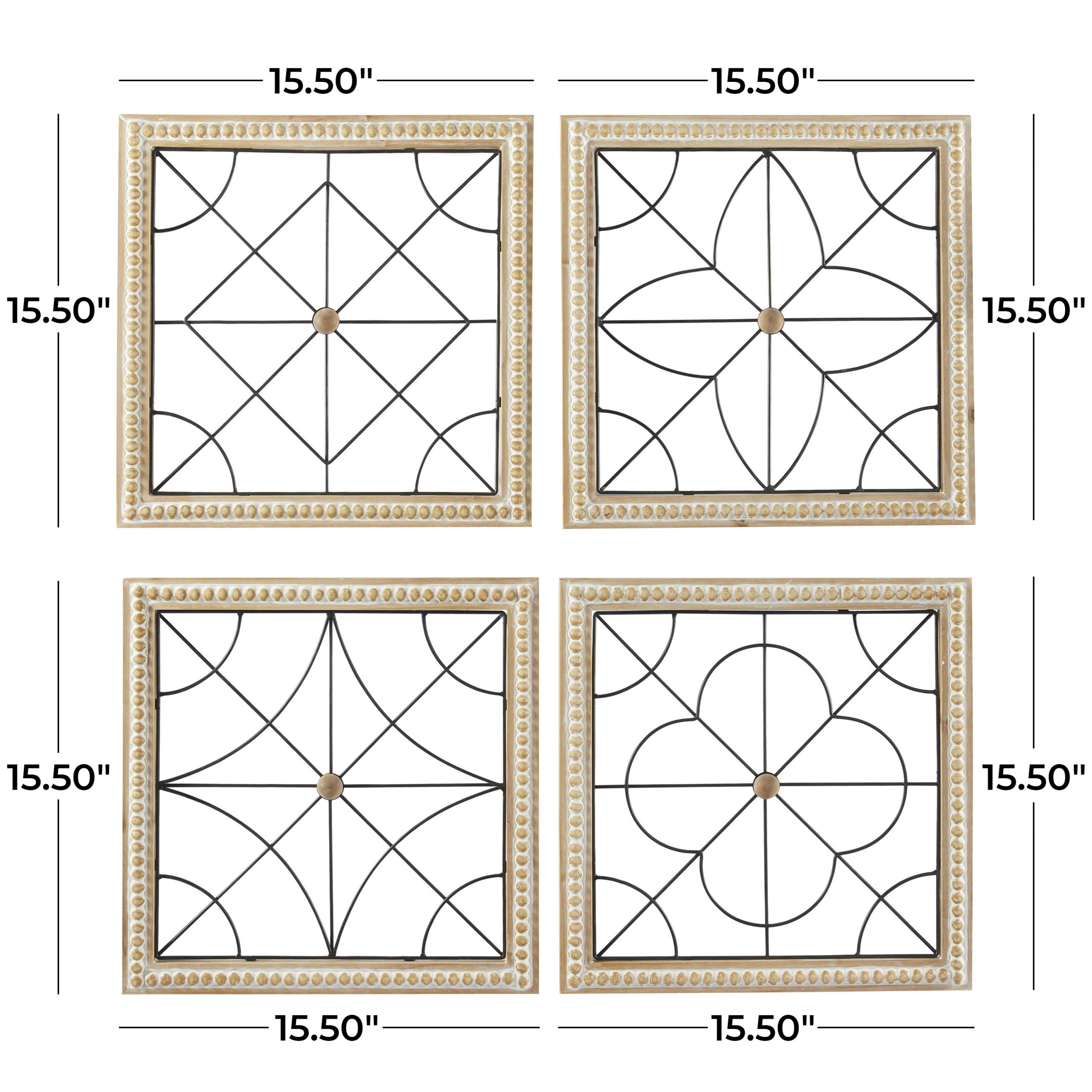 Brown Wood Carved Geometric Wall Decor with Metal Wire (Set of 4), 16″W, 16″H