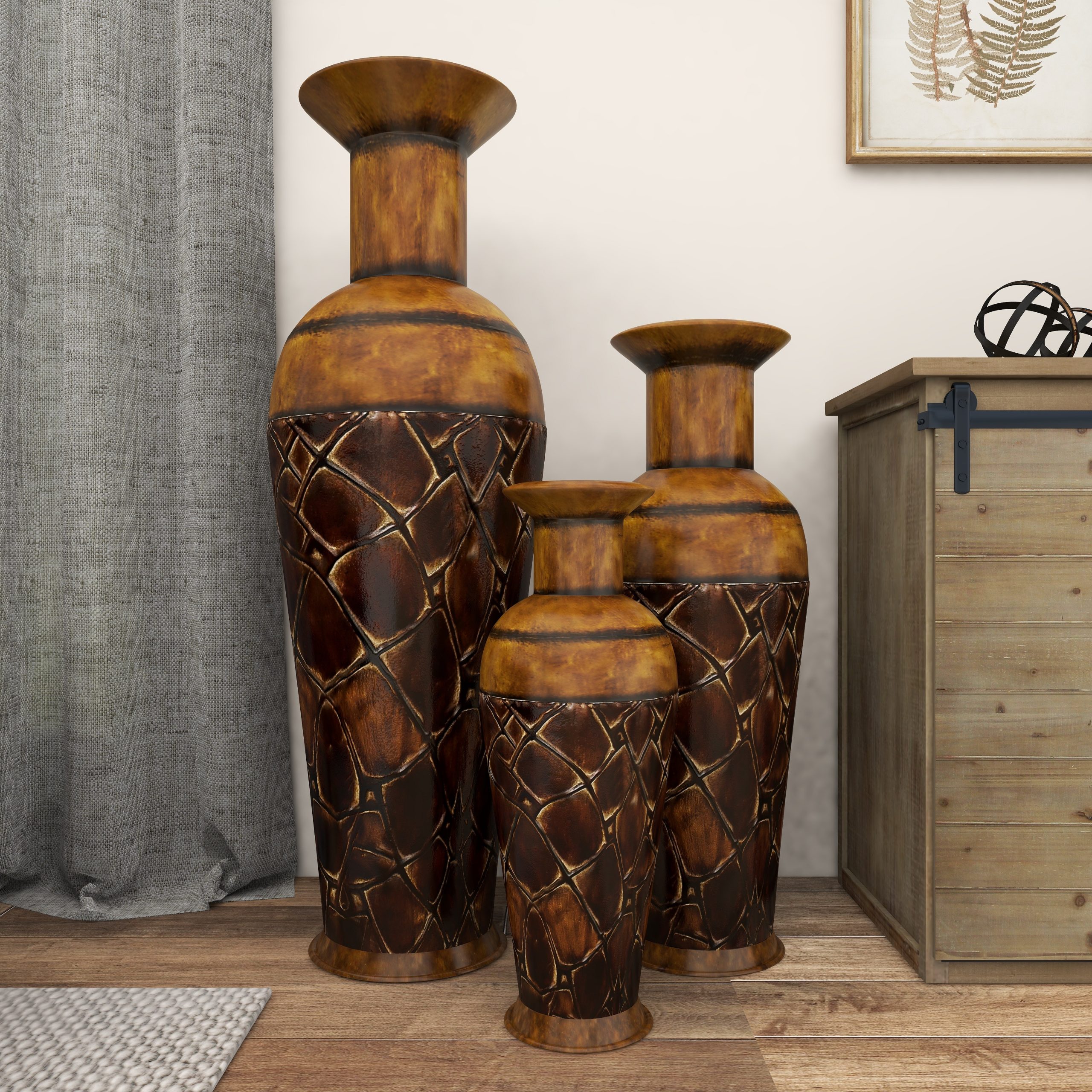 Rustic Style Tall Metal Floor Vase Set of 3 Brown 50", 35", 26"H