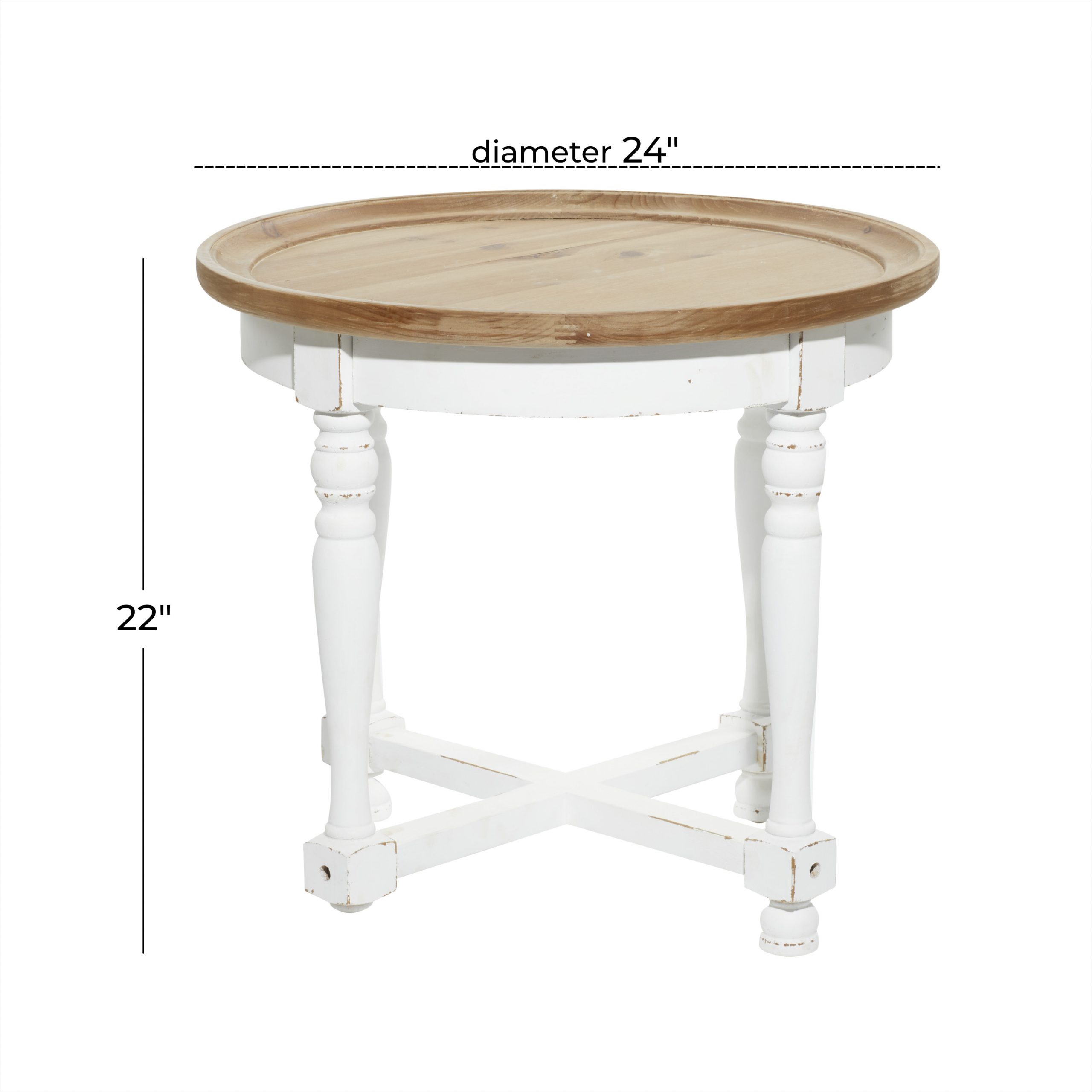 White Round Wood Accent Table with Brown Wood Top, 24″ x 24″ x 22″