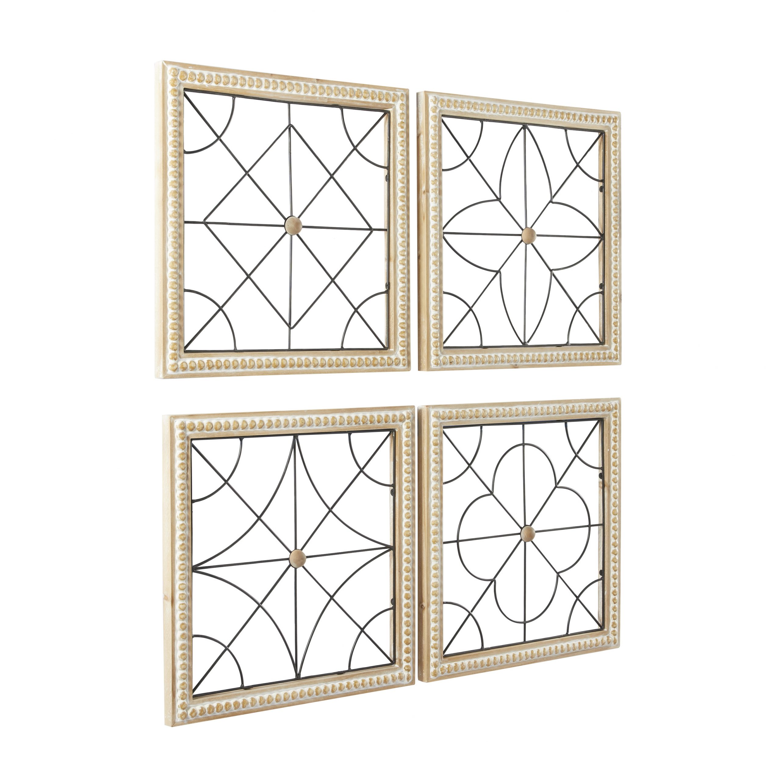 Brown Wood Carved Geometric Wall Decor with Metal Wire (Set of 4), 16″W, 16″H