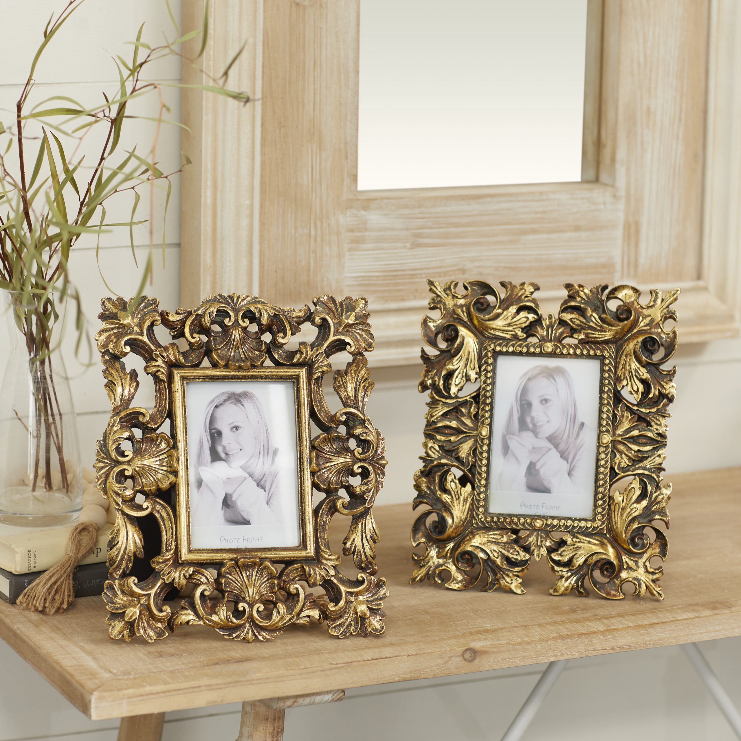 Gold Polystone Carved Photo Frame (Set of 2), 9″W, 11″H