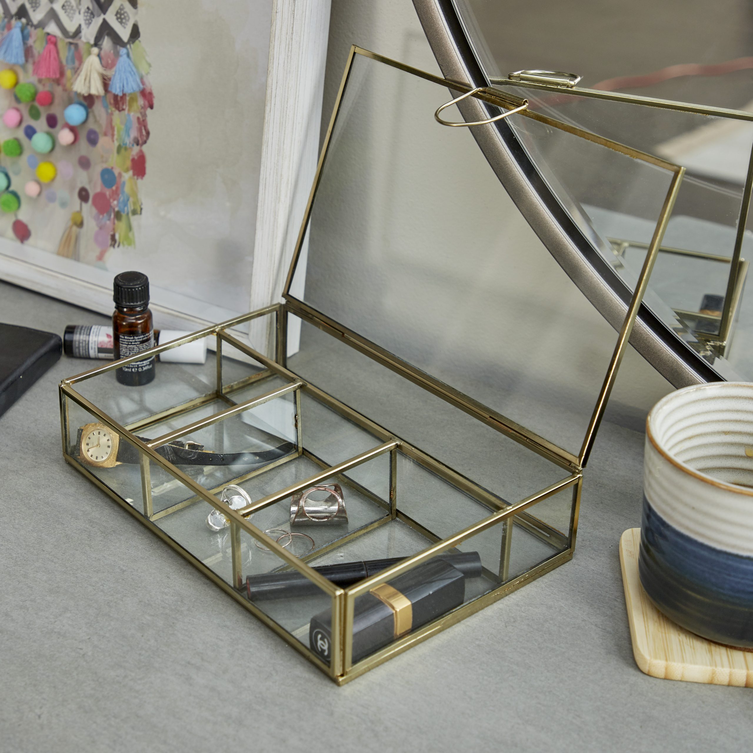 Glass Jewelry Box with Golden Frame, 9″ x 6″ x 2″