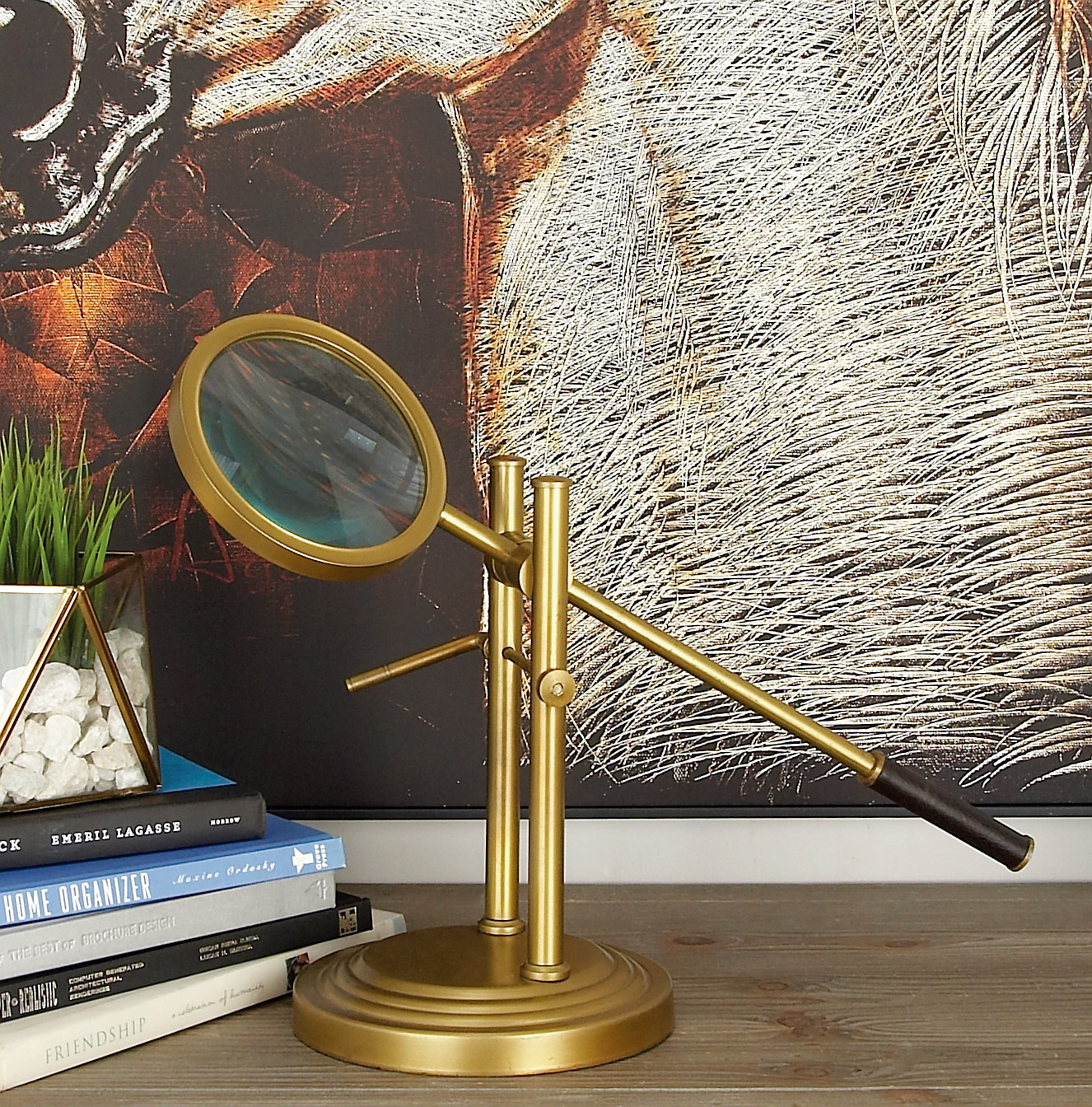 Gold Finish Aluminum Magnifying Glass, 8"L x 8"W x 25"H