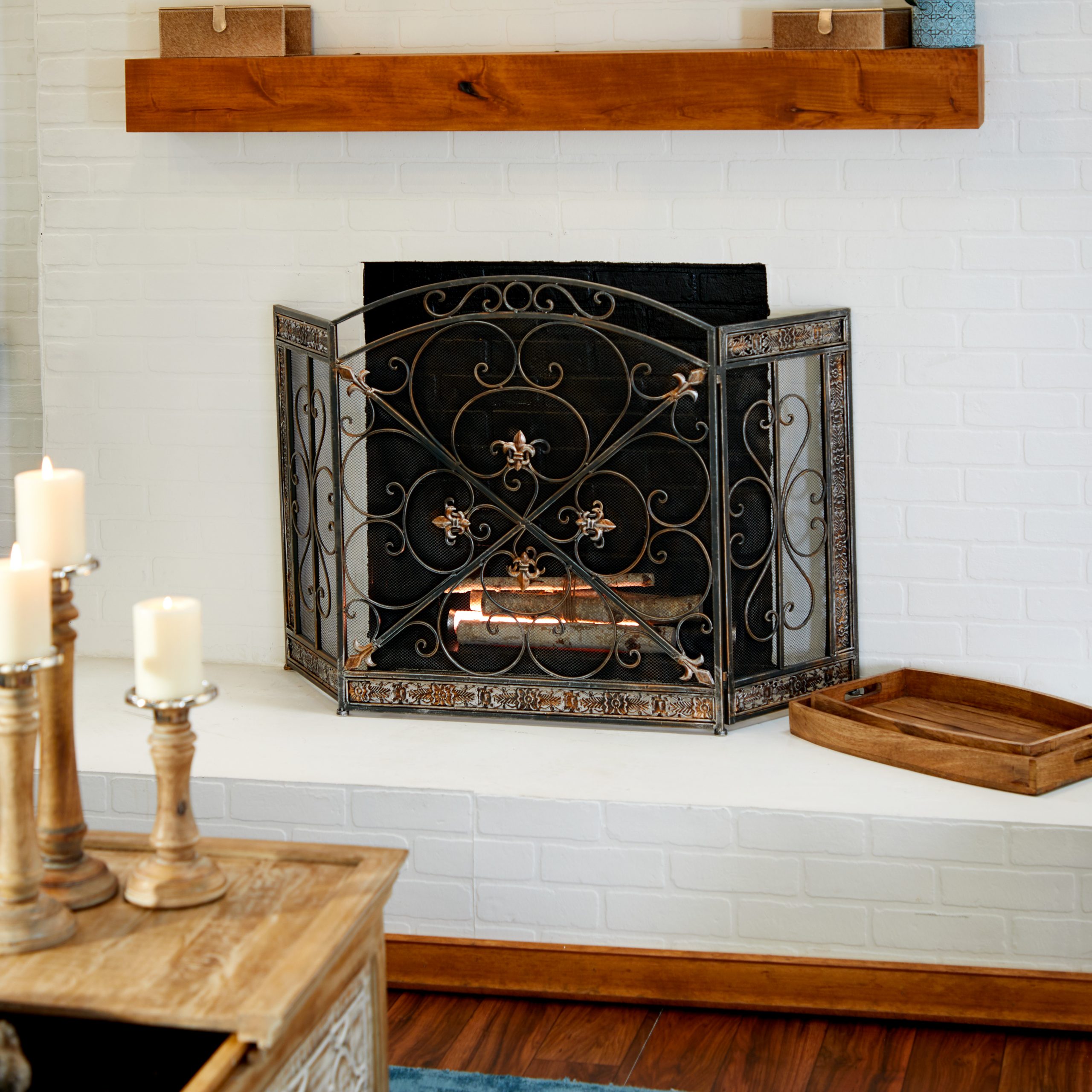 Black Metal Foldable Mesh 3 Panel Fireplace Screen with Fleur De Lis, 52″ x 1″ x 31″