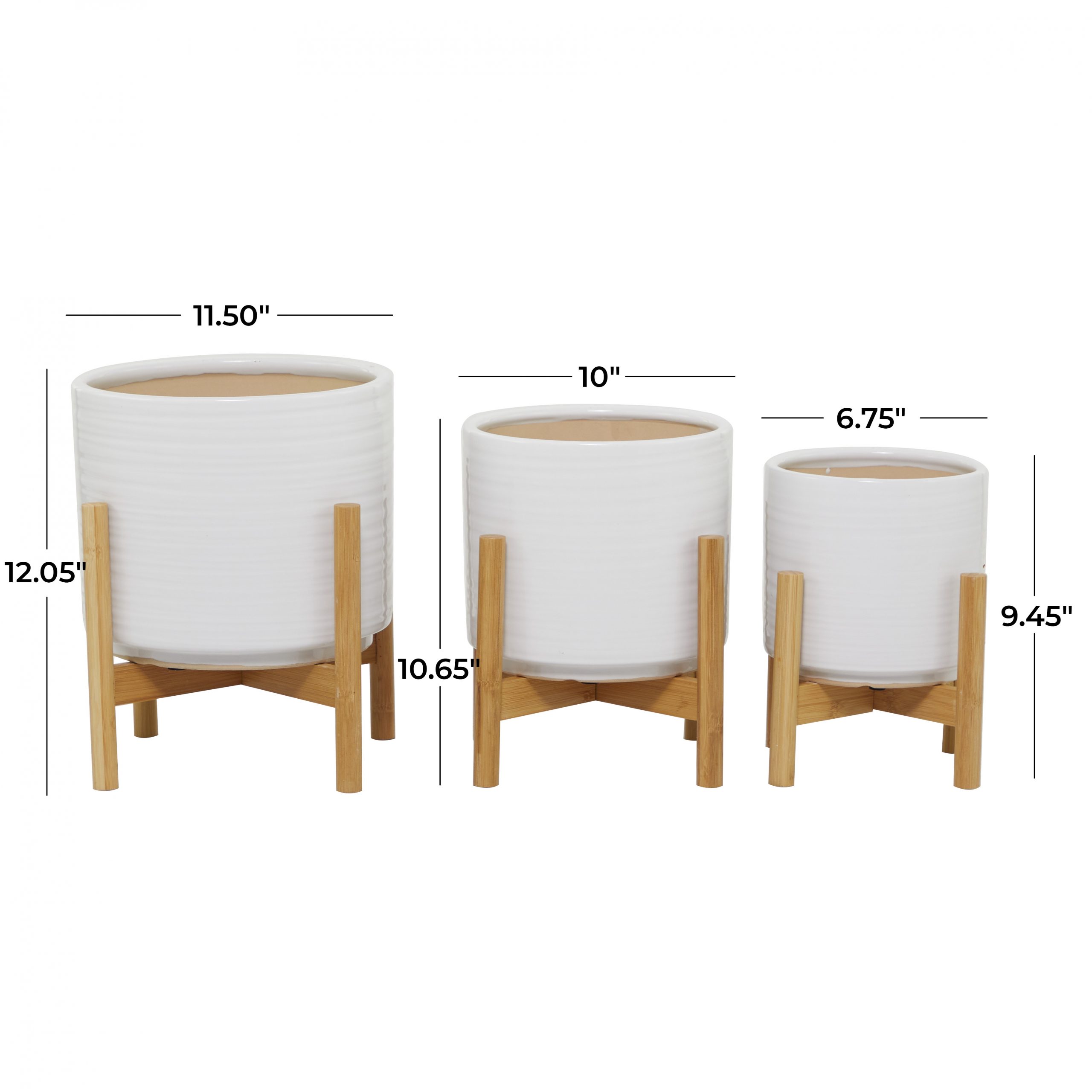 White Ceramic Planter with Wood Stand (Set of 3), 12″, 11″, 9″H