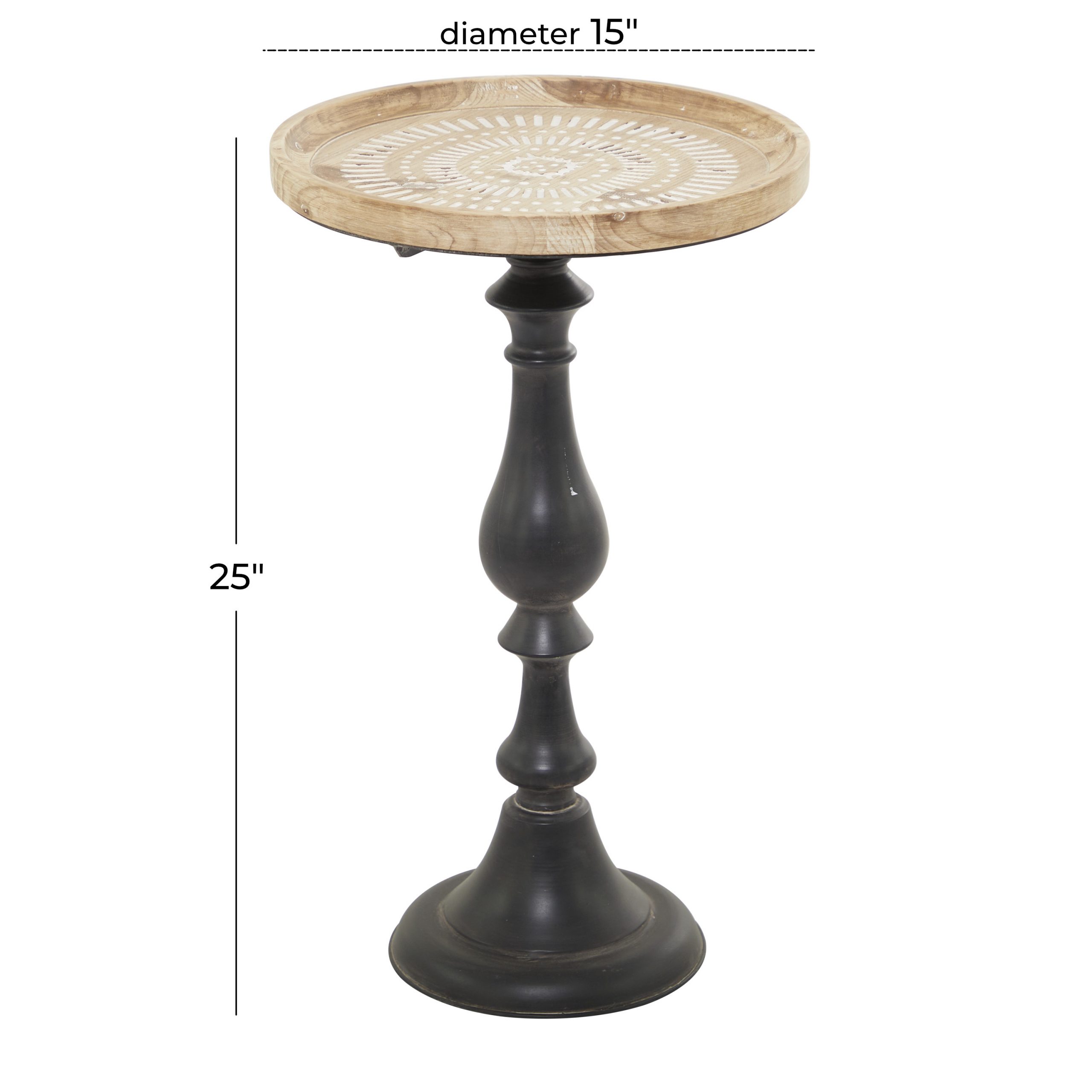 Brown Wood Accent Table with Black Metal Pedestal, 15.35"L x 15.35"W x 25.10"H