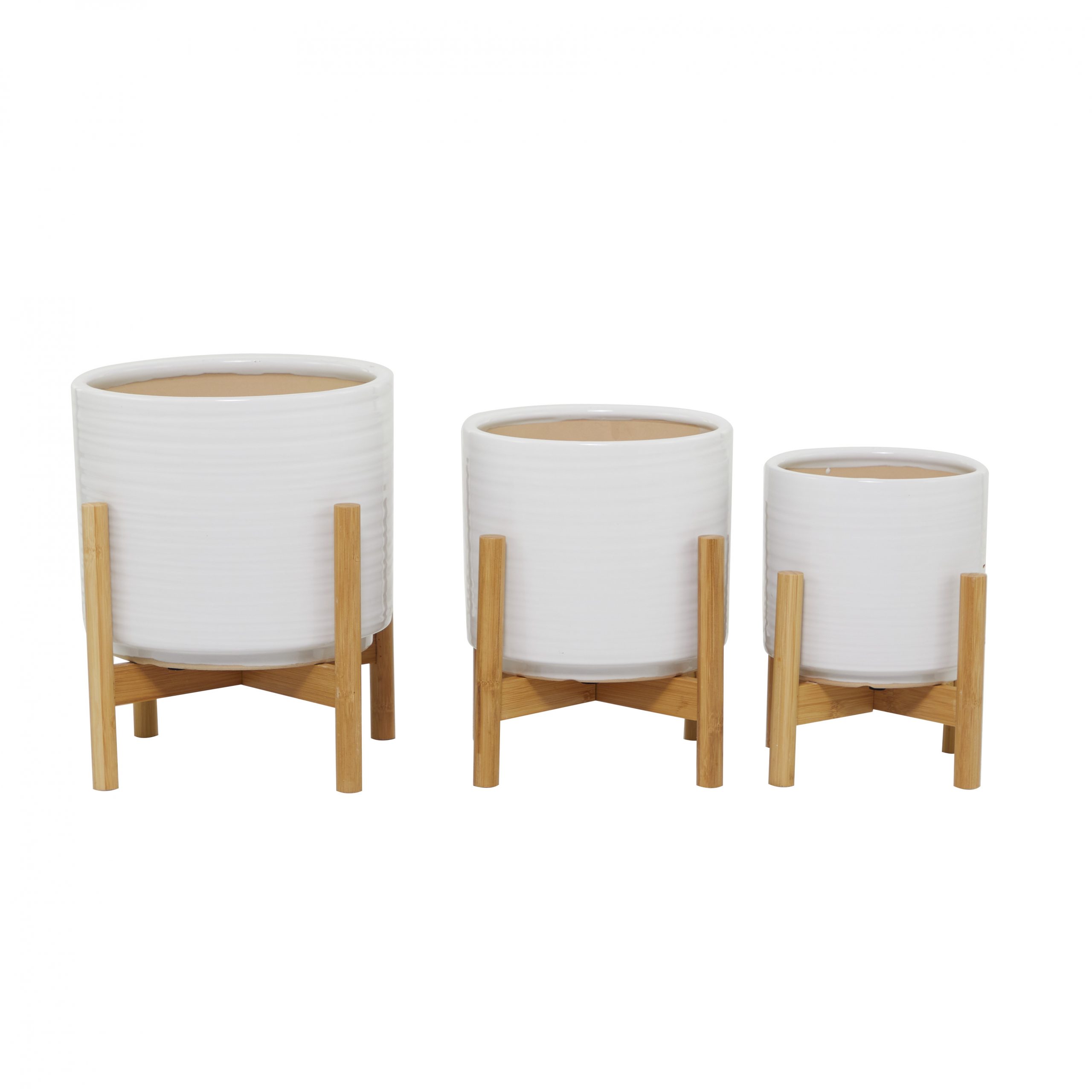 White Ceramic Planter with Wood Stand (Set of 3), 12″, 11″, 9″H