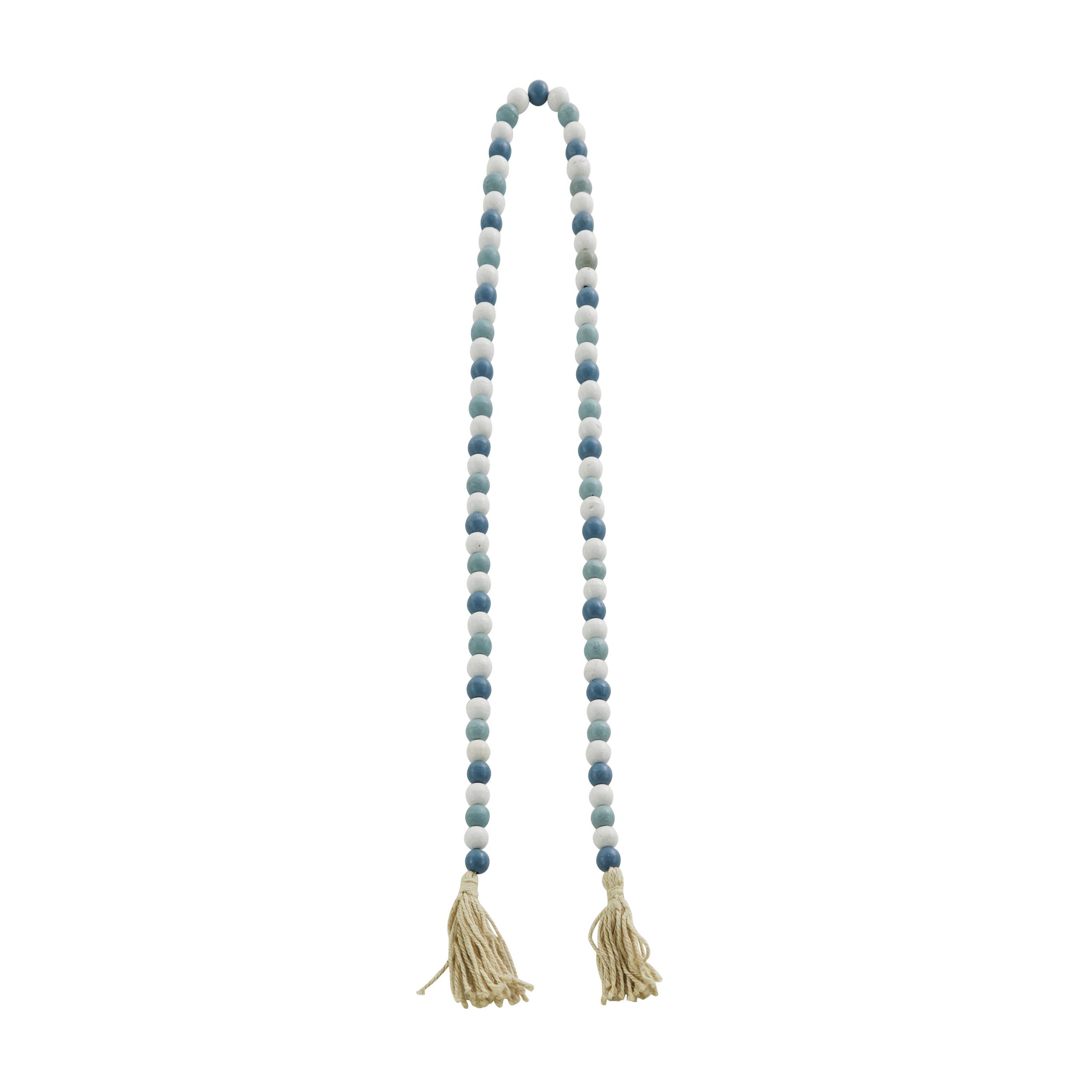 Blue and White Wood Round Bead Garland with Tassel, 1″ x 1″ x 80″