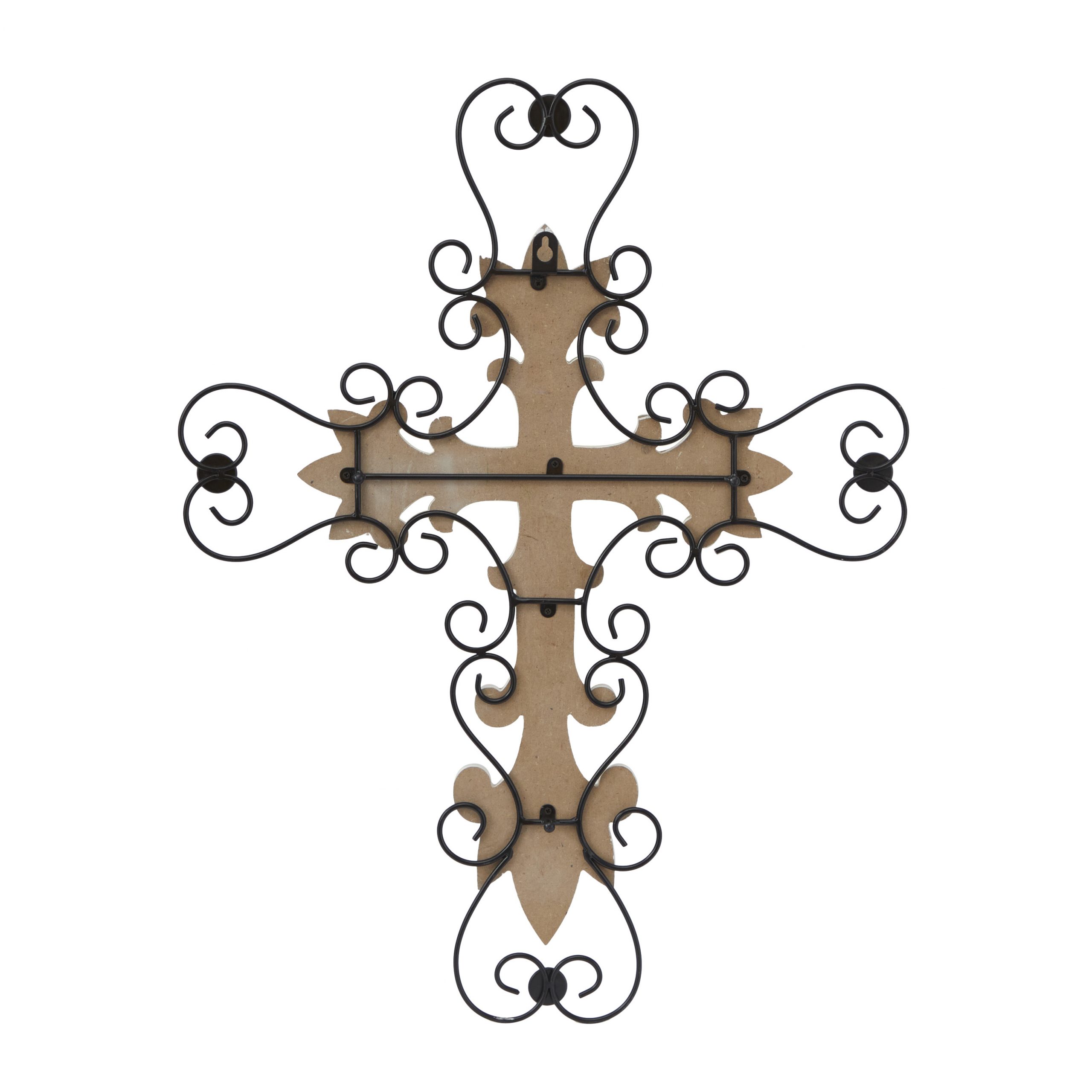 White Wood Carved Cross Biblical Wall Decor with Metal Scrollwork, 18″ x 1″ x 24″