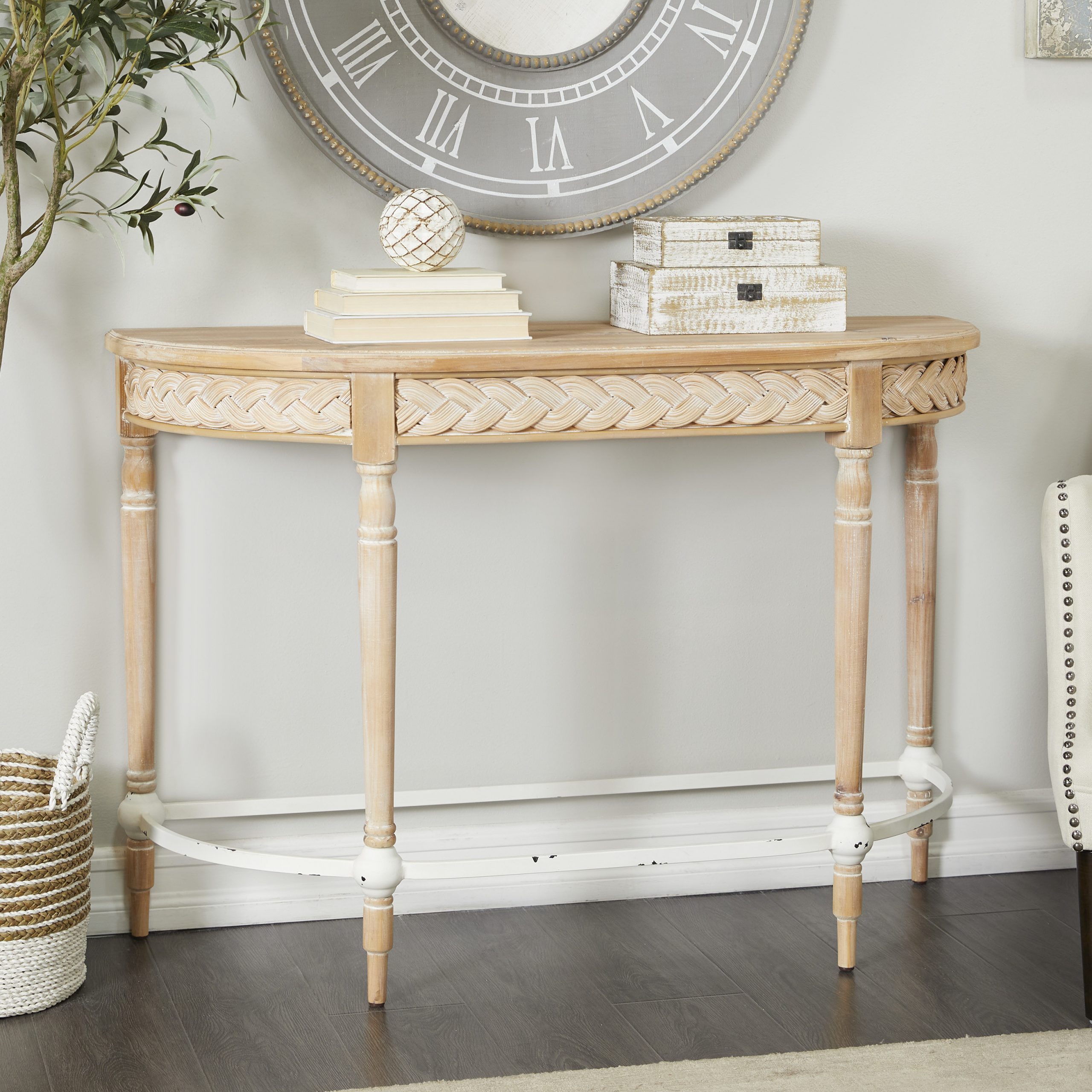 Brown Wood Carved Half Moon Console Table, 44″ x 16″ x 31″