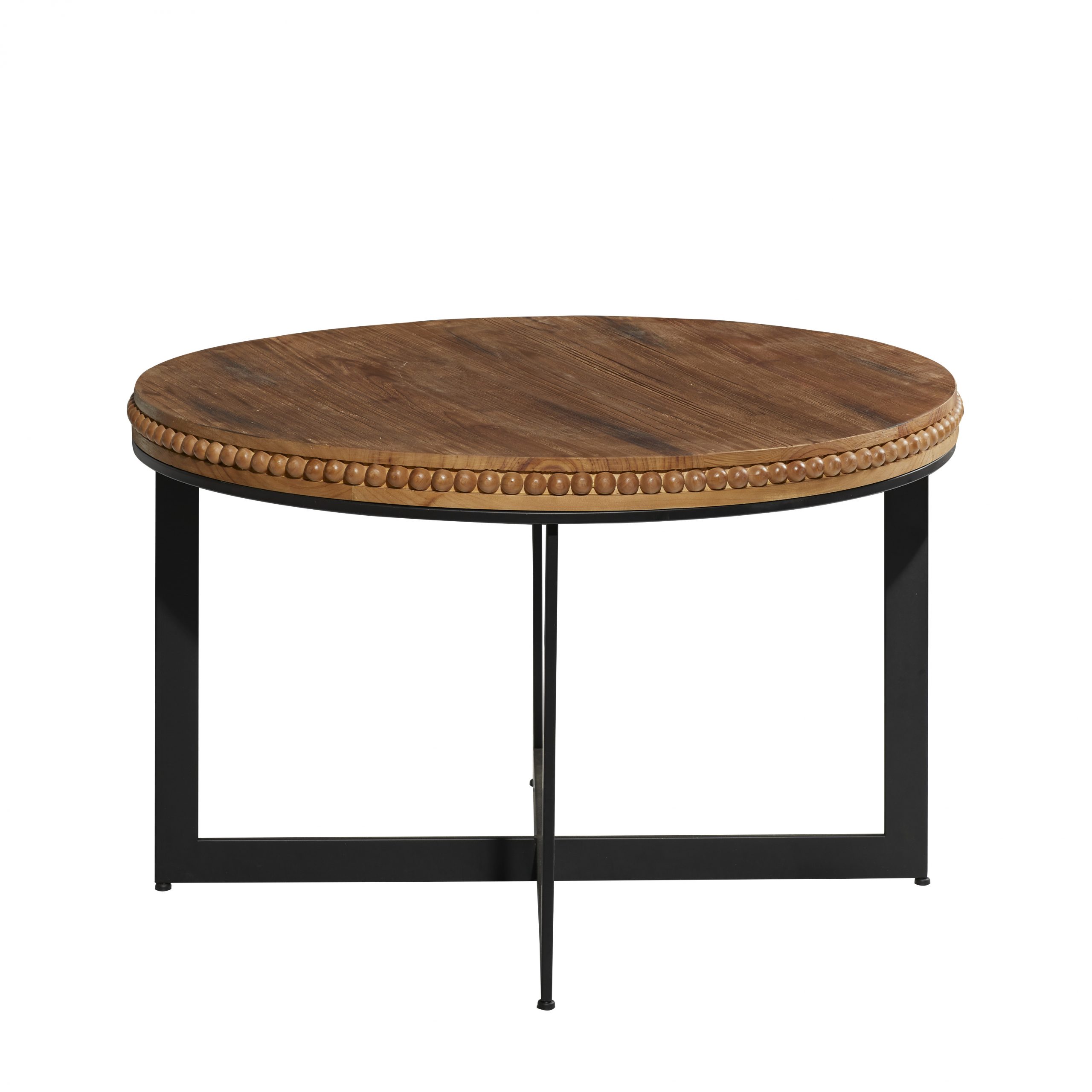 Rustic Brown Wood Beaded Coffee Table with Metal X-Shaped Base, 30″ x 30″ x 16″