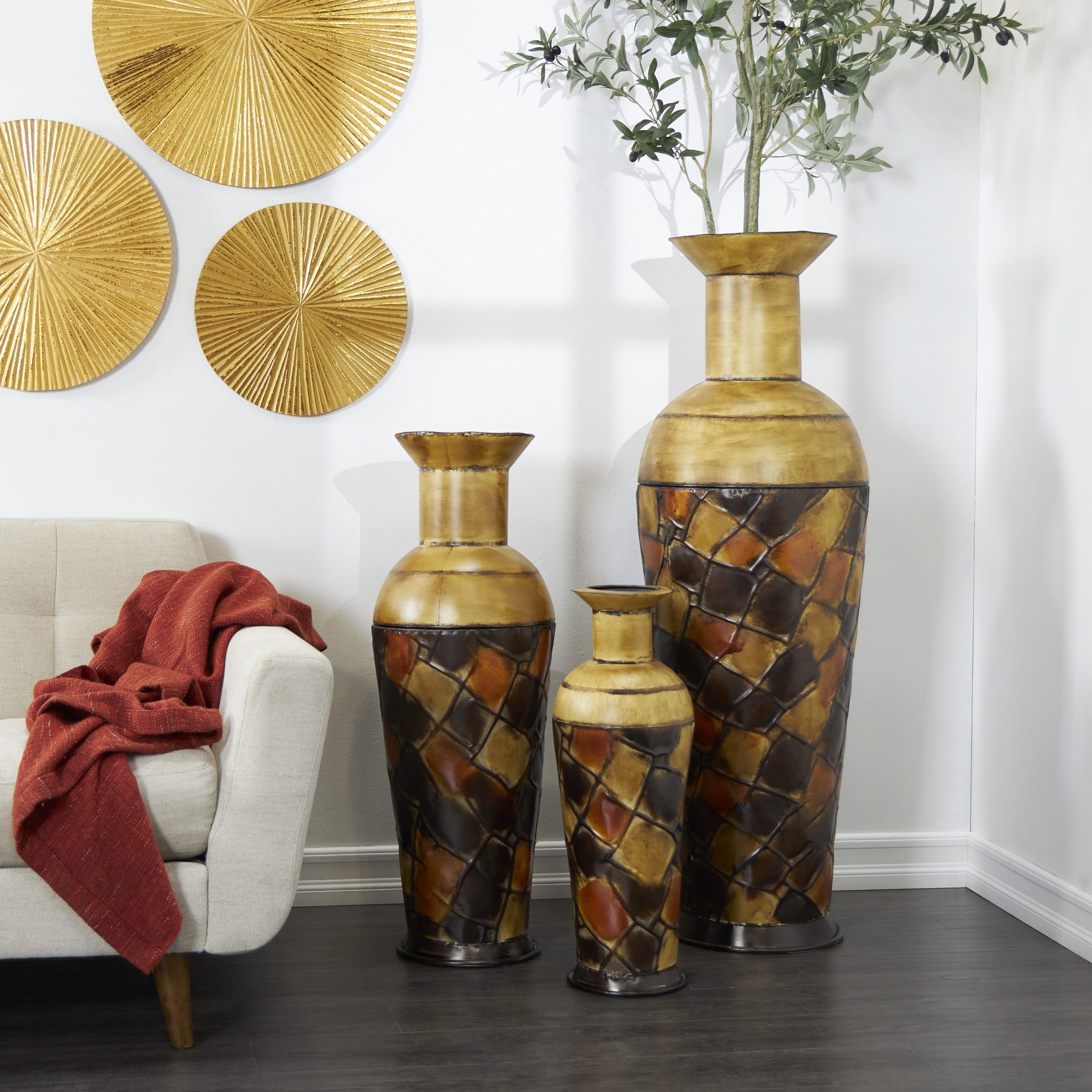 Rustic Style Tall Metal Floor Vase Set of 3 Brown 50", 35", 26"H