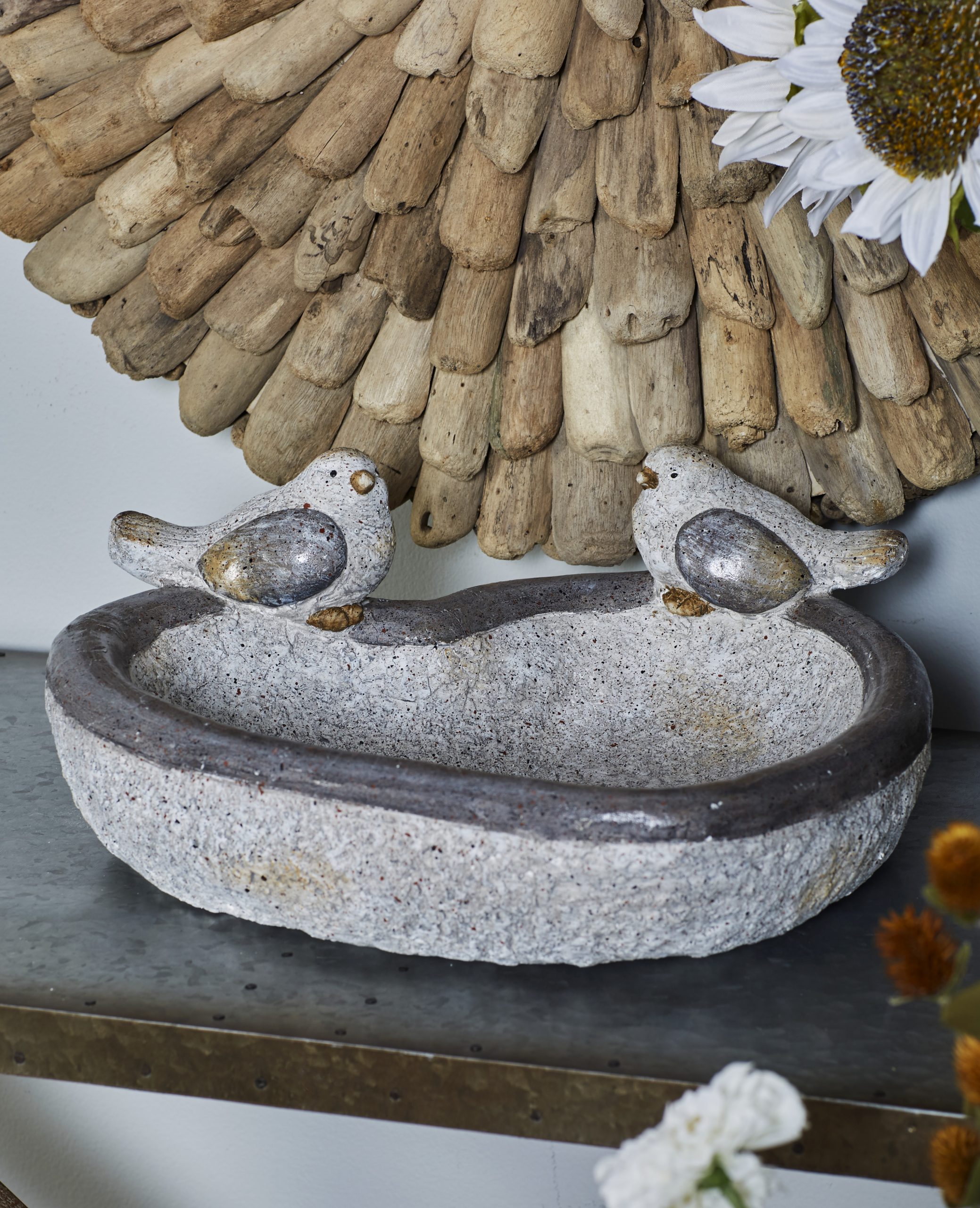 Gray Poly Stone Bird Bath Bowl Garden Sculpture, 15″ x 15″ x 6″