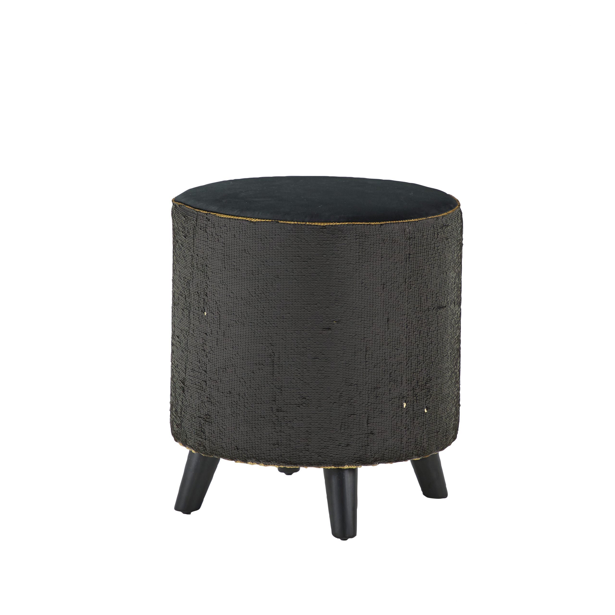 Gold Upholstered Wood Stool Round with Gold & Black Sequins, 16″ x 16″ x 18″