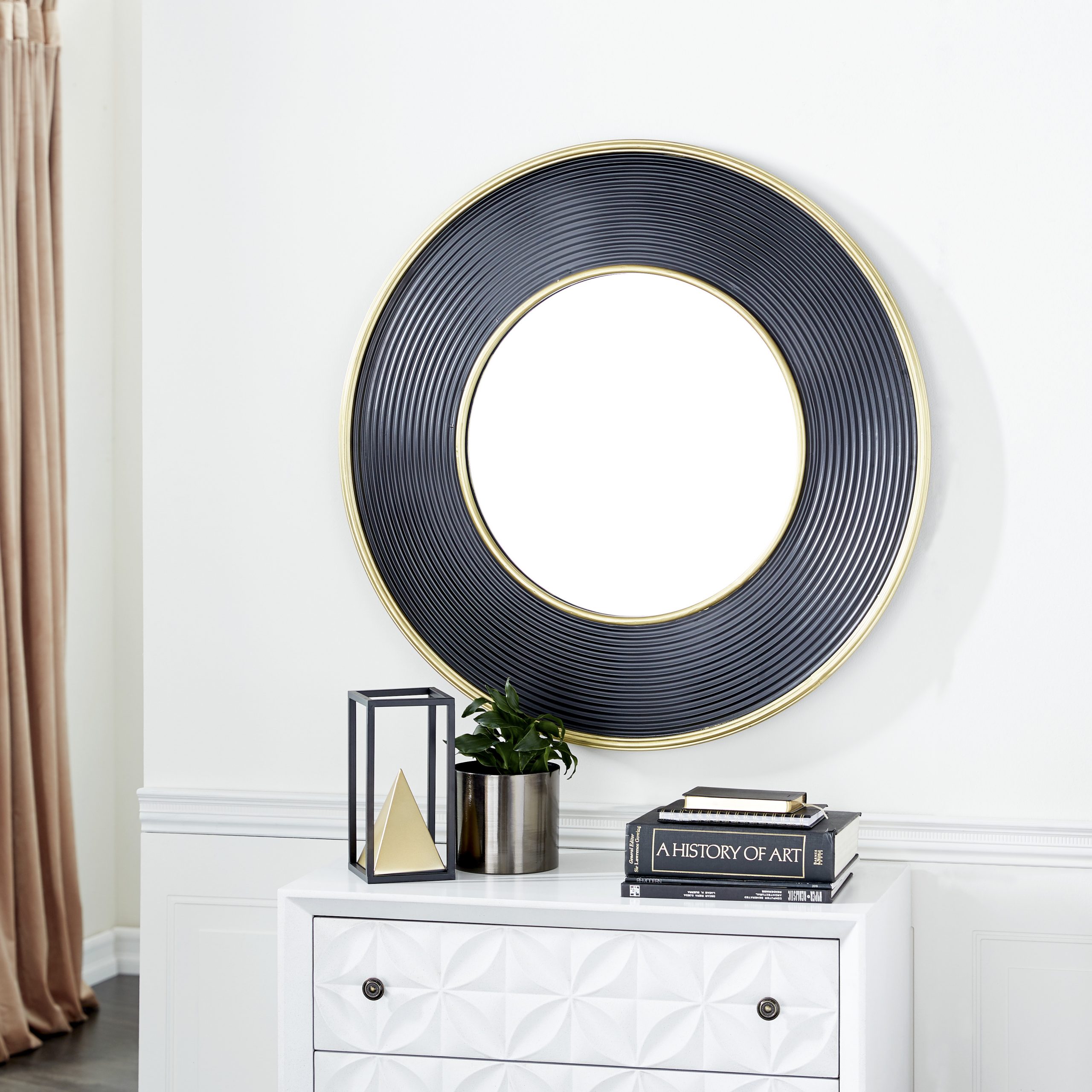 Black Metal Wall Mirror with Ribbed Frame, 35″ x 2″ x 35″
