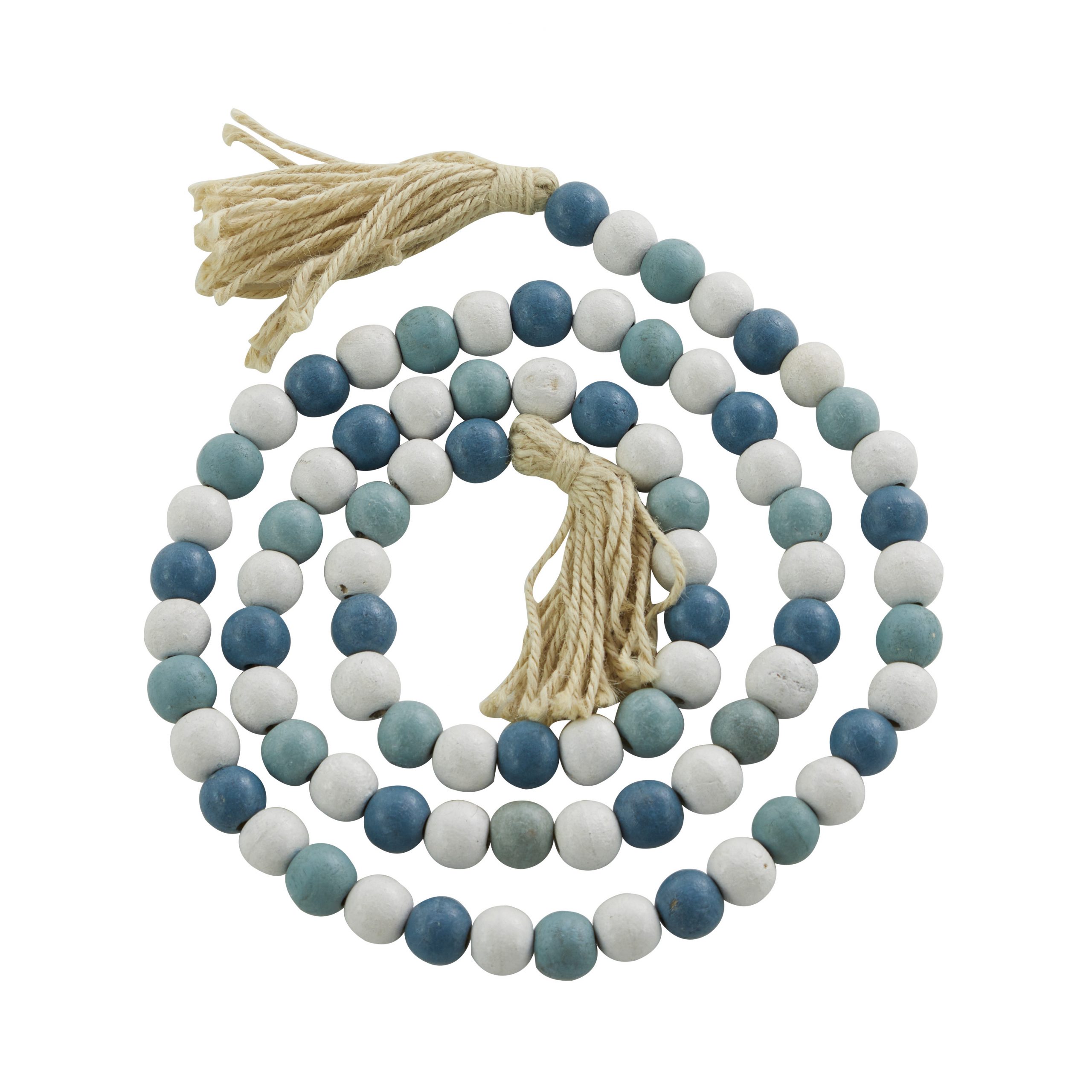 Blue and White Wood Round Bead Garland with Tassel, 1″ x 1″ x 80″