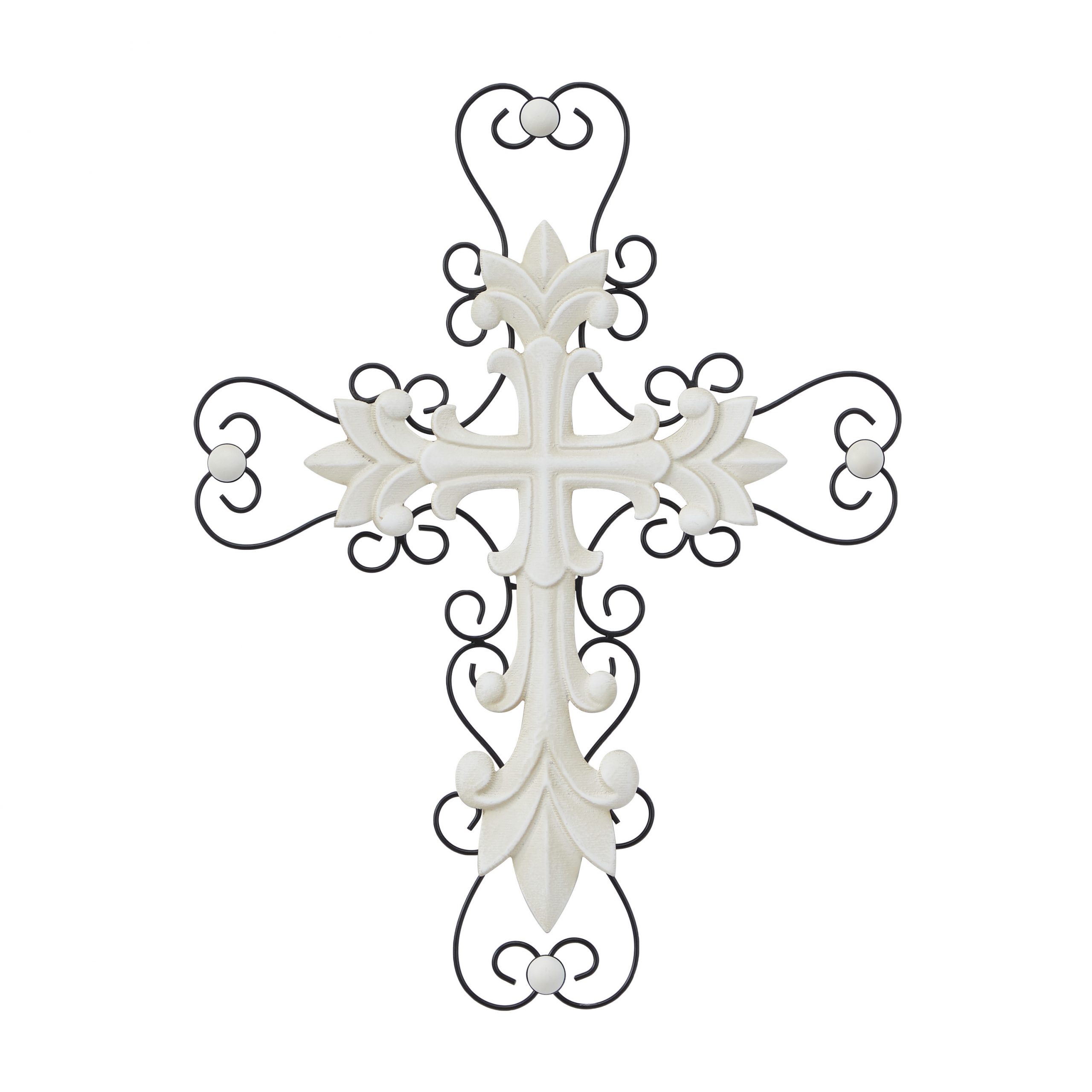 White Wood Carved Cross Biblical Wall Decor with Metal Scrollwork, 18″ x 1″ x 24″
