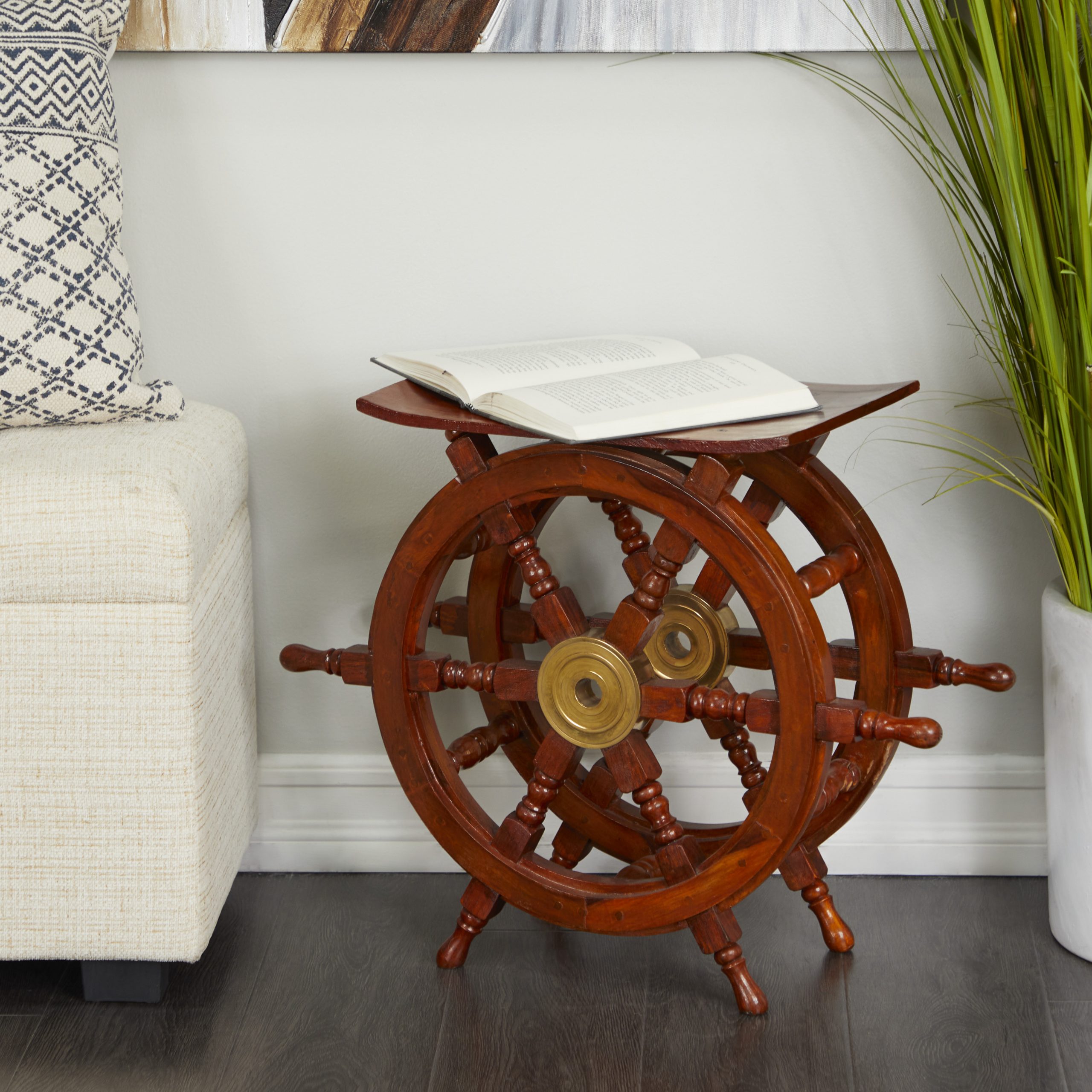 Brown Wooden Ship Wheel Nautical Accent Table, 24″ x 12″ x 20″