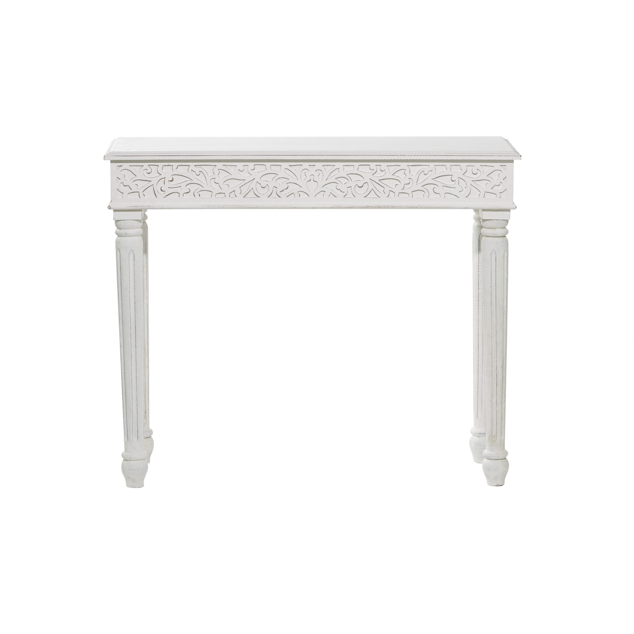 White Wood Dark Gray Carved Scroll Console Table, 36"L x 12"W x 30"H